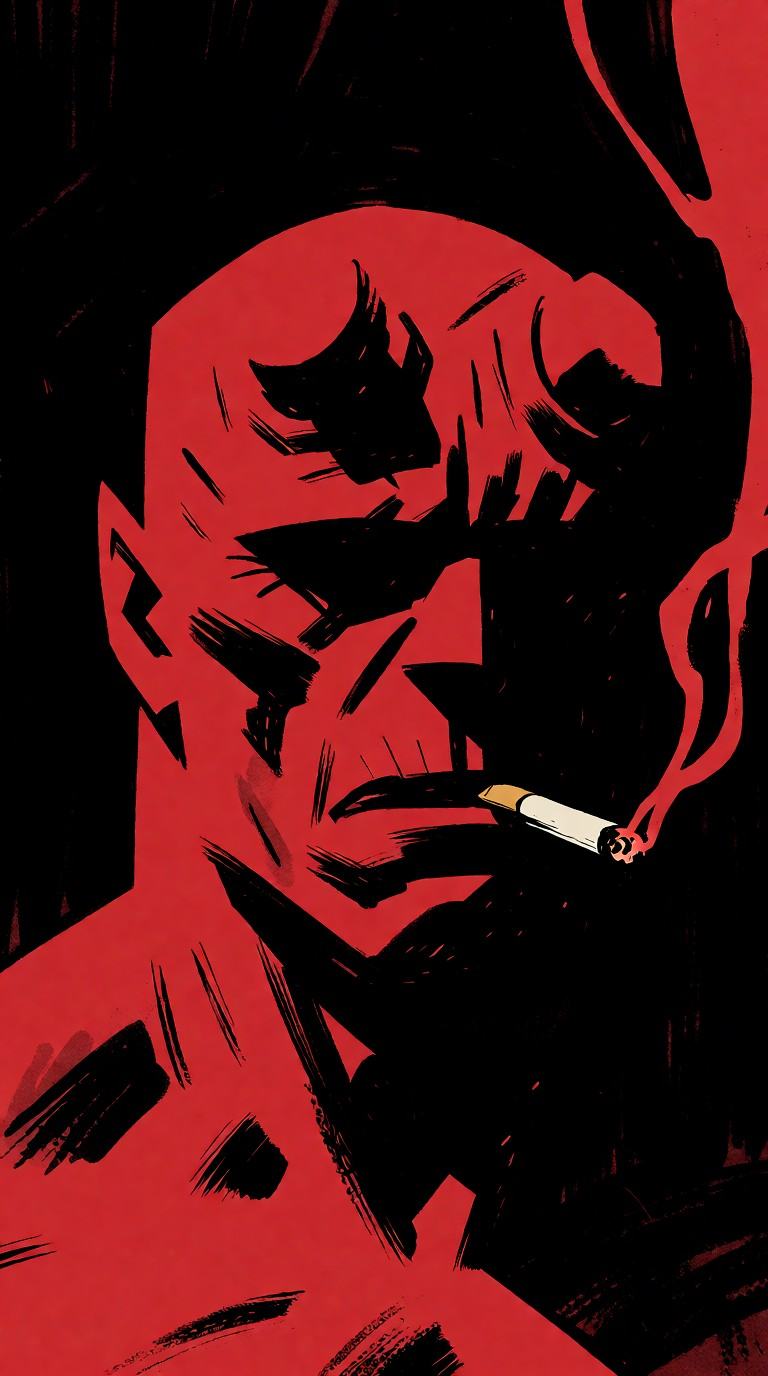 A striking side profile portrait of Hellboy,  capturing his iconic red skin,  prominent jawline on Tensor.Art