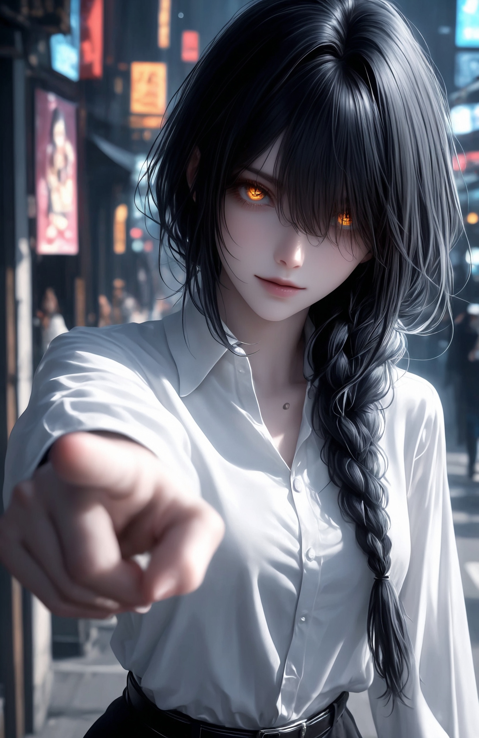 <lora:超质感CG-IL:0.8>1girl, solo, long hair, looking at viewer, shirt, black hair, long sleeves, closed mouth, yellow eyes, white shirt, braid, belt, hair over one eye, blurry, lips, orange eyes, single braid, depth of field, foreshortening, hair over shoulder, black belt, pointing at viewer, realistic style photo,outstanding style,Use soft lighting to cast gentle shadows on the subject,adding a touch of dimension to your images without compromising details,whirls of vapor,(Anime:1.1),soft neon light,ethereal ambiance,delicate details,magical atmosphere,concept art,highly detailed,ultra-high resolution,32K UHD,sharp focus,best-quality,masterpiece,golden hour,unconventional supreme masterpiece,masterful details,temperate atmosphere,with a high-end texture,in the style of fashion photography,magazine style,Dynamic Angle,Dynamic posture,magazine style,Dynamic Angle,Dynamic posture,(cowboy_shot:1.2),eye trail,depth of field,cinematic lighting,lens flare,close-up,extreme aesthetic,(wlop:0.6),(honjou raita,lack,rella,wanke:0.5),masterpiece,best quality,good quality,newest,year 2025,very aesthetic,absurdres,Visual impact,A shot with tension,ultra-high resolution,32K UHD,sharp focus,best-quality,masterpiece,Emotionalization,unconventional supreme masterpiece,masterful details,temperate atmosphere,with a high-end texture,in the style of fashion photography,(Visual impact:1.2),giving the poster a dynamic and visually striking appearance,