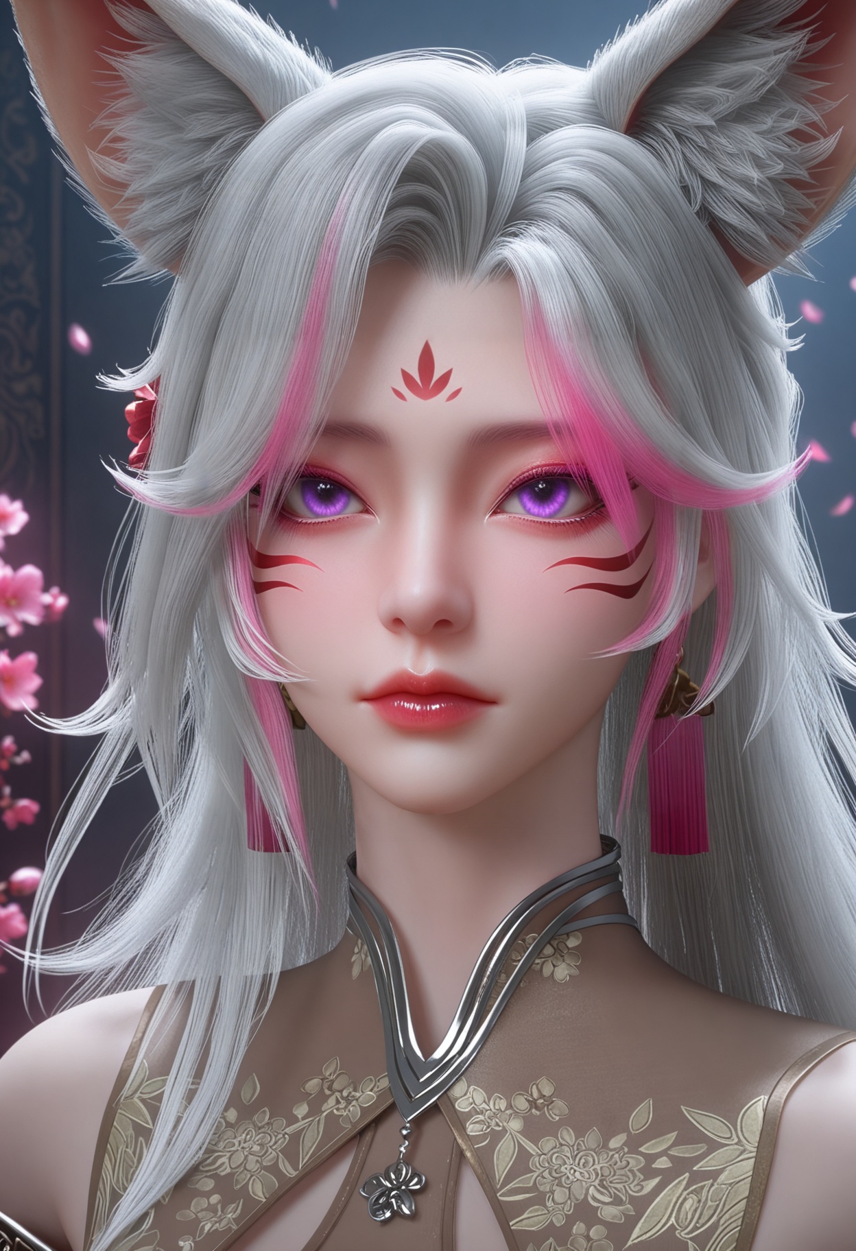 (upper_body:1.2),(looking at viewer:1.1),facing viewer,direct gaze,(masterpiece:1.1),(best quality:1.2),(intricate details),(smog:1.3),(Dark room:1.3),(dim lighting:1.3),peach blossom,falling petals,<lora:YQ_Illustrious光辉v5_小狸_服装1_V1:0.8>,q1528437228,1girl,solo,long hair,animal ears,facial mark,purple eyes,jewelry,dress,earrings,forehead mark,hair ornament,glowing,high heels,masterpiece,(best quality),(intricate details:0.9) BREAK (intricate details:0.9),(realistic skin:1.2),masterpiece,best quality,newest,absurdres,hiahres,