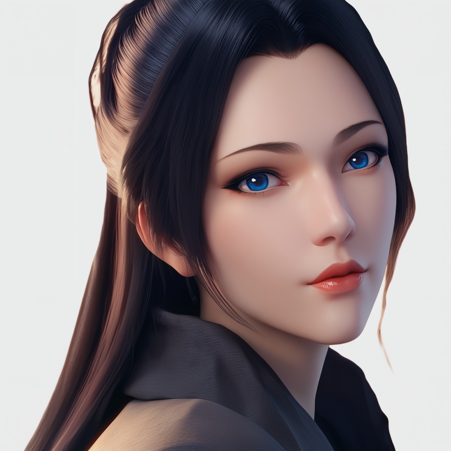 score_9,score_8_up,score_7_up,1girl,solo,blue eyes,portrait,black hair,long hair,white background,lips,simple background,<lora:yunyunblack THV3:0.8>,