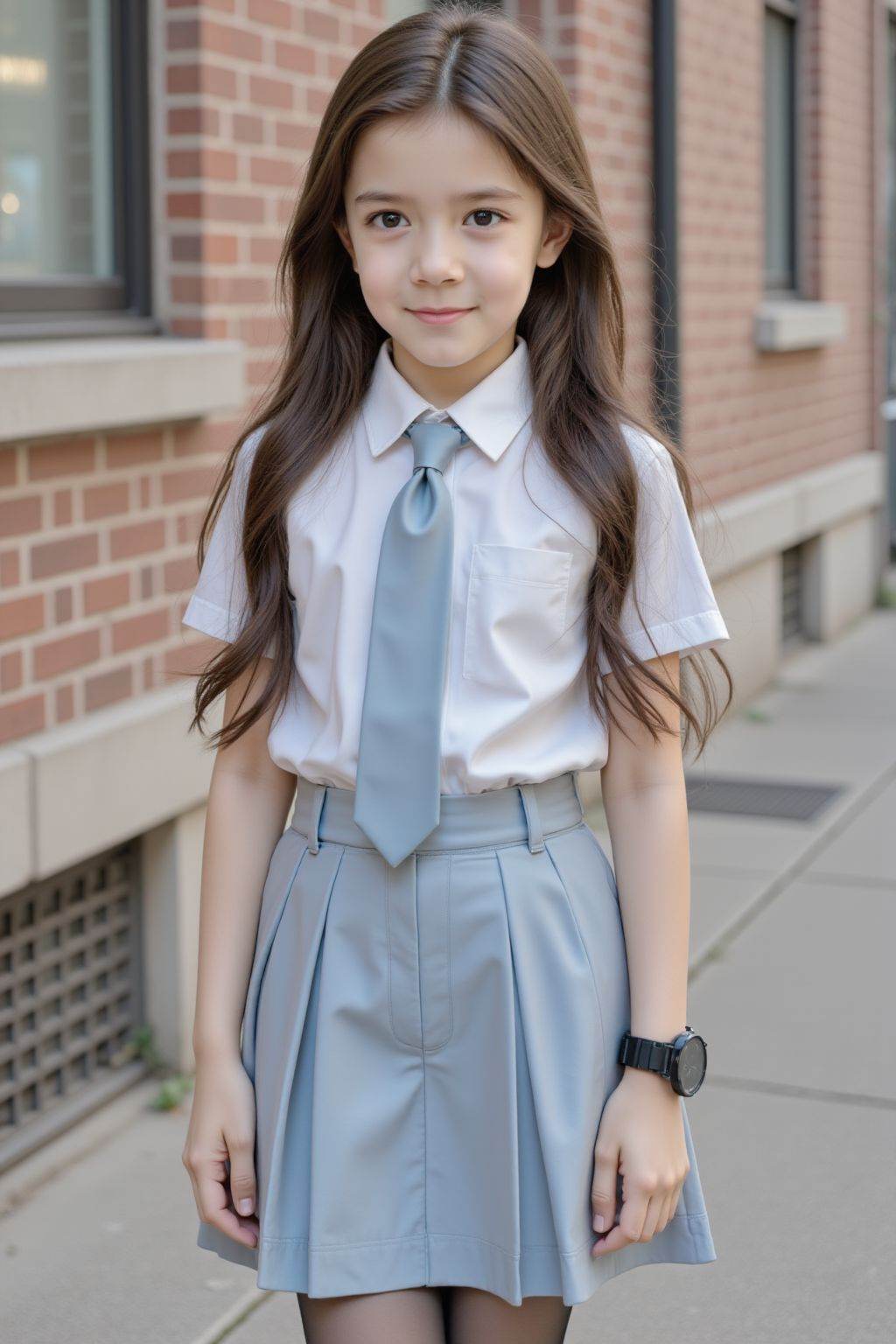 HDR photo of cinematic film still, A 12-year-old female, stands outdoors near a brick building with windows. She wears a white short-sleeved collared shirt paired with a light blue tie that has a bow at the collar. Her skirt is a light blue pleated design,and she has on black tights. Her long,dark hair flows down her back,and she wears a black wristwatch on her left wrist. The background features a brick wall with a window and a sidewalk,with some blurred architectural details. The overall scene is well-lit,suggesting daytime.,
