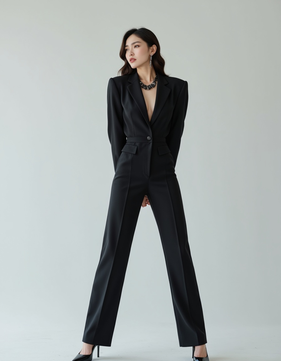 In sleek pantsuit with a statement necklace and pumps,arms_behind_back,spread_legs,a real picture of a south korea woman,