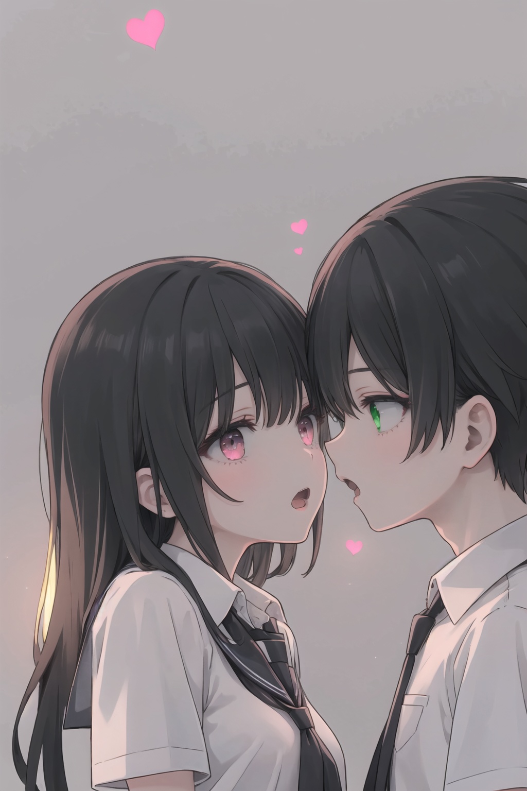 luminous,1girl,1boy,heart,long hair,green eyes,shirt,bangs,short hair,hetero,looking at another,breasts,from side,collared shirt,school uniform,black hair,short sleeves,pink eyes,open mouth,<lora:luminous_V5-000005:1>,, masterpiece, best quality, highres,