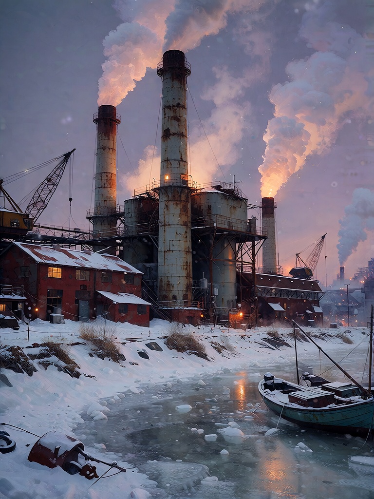 Bradhamel art style. A wide-angle industrial landscape in a snowy,  wintry setting,  featuring multiple tall on Tensor.Art