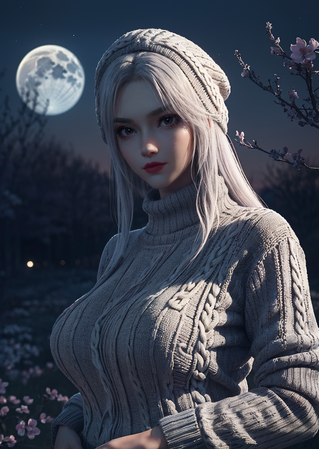1girl,solo,white hair,makeup,lipstick,((gigantic breasts:1.3)),knit hat,((sweater:1.3)),((looking at viewer)),outdoors,flower path,cherry blossoms,night sky,star \(sky\),moon,scenery,simple background,(upper body),depth of field,Highly detailed,(ultra-detailed),(best quality:1.5,masterpiece:1.5),<lora:xiaoyixian-000010:0.8>,<lora:服装增减:-1>,<lora:qingcheng:0.5>,