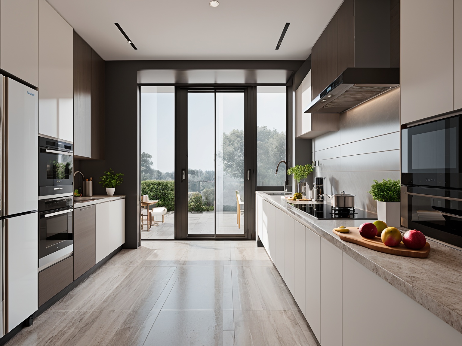 kitchen,plant,window,fruit,indoors,food,stove,faucet,refrigerator,frying pan,no humans,interior design,rendering style,cutting board,microwave,apple,kitchen knife,sunlight,window,White ceilings,