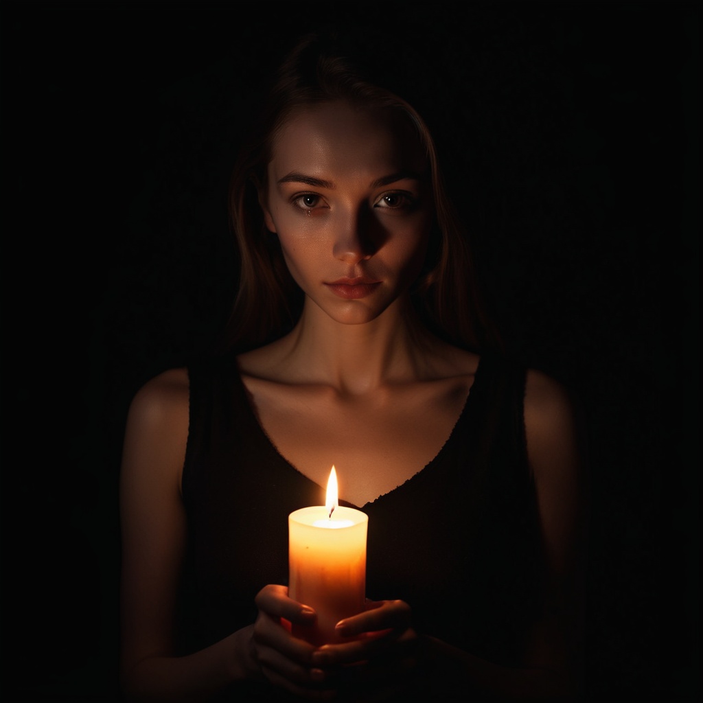 pitch black dark background,  woman with a candle on Tensor.Art