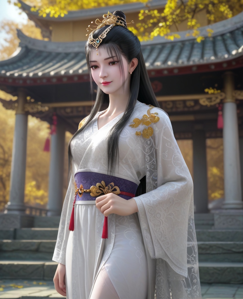 (oriental architecture, elegant decor, sophisticated style:1.1),(Standing tall with shoulders back and a confident smile,:1.1),(breasts:1.2),<lora:XL墓王之王千亦膤:0.95>,miss qianyixue,white dress with embroidery,brown eyes,black hair,long hair,traditional chinese updo with long front strands,jewelry,see-through coat,sash,white pantyhose with embroidery,, score_9,score_8_up,score_7_up,score_6_up,score_5_up,score_4_up,3d rendering,tag1,tag2, Cinematic Lighting,backlighting,