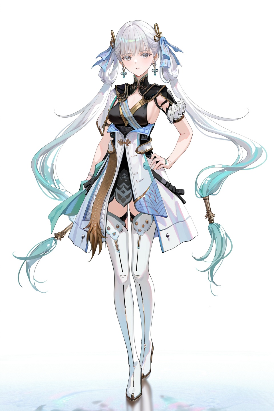 8k,best quality,masterpiece,(ultra-detailed),(high detailed skin),((artist:reoen),(artist:fuzichoco),(artist:atdan),(artist:torino_aqua),year 2024:0.8)1girl,[artist:wlop],[artist:ningen_mame],artist:ciloranko,[[artist:rhasta]],artist:tidsean,colorful,detailed light,light leaks,sunlight,bokeh,blurry foreground,ray tracing,lens flare,cinematic lighting,full body,full shot,standing,looking at viewer,(solo:1.2),simple background,(white background:1.2),hand on own hip,(white background:1.1),<lora:jxnew-noob-Tanger-000014:0.8>,jinhsi,jinhsi \(wuthering waves\),clothes:def white dress,1girl,jewelry,long hair,thigh boots,default clothes,A full-body portrait of a young girl,standing gracefully,pastel art style,high-key lighting,shoujo manga influence,hd quality,delicate details,