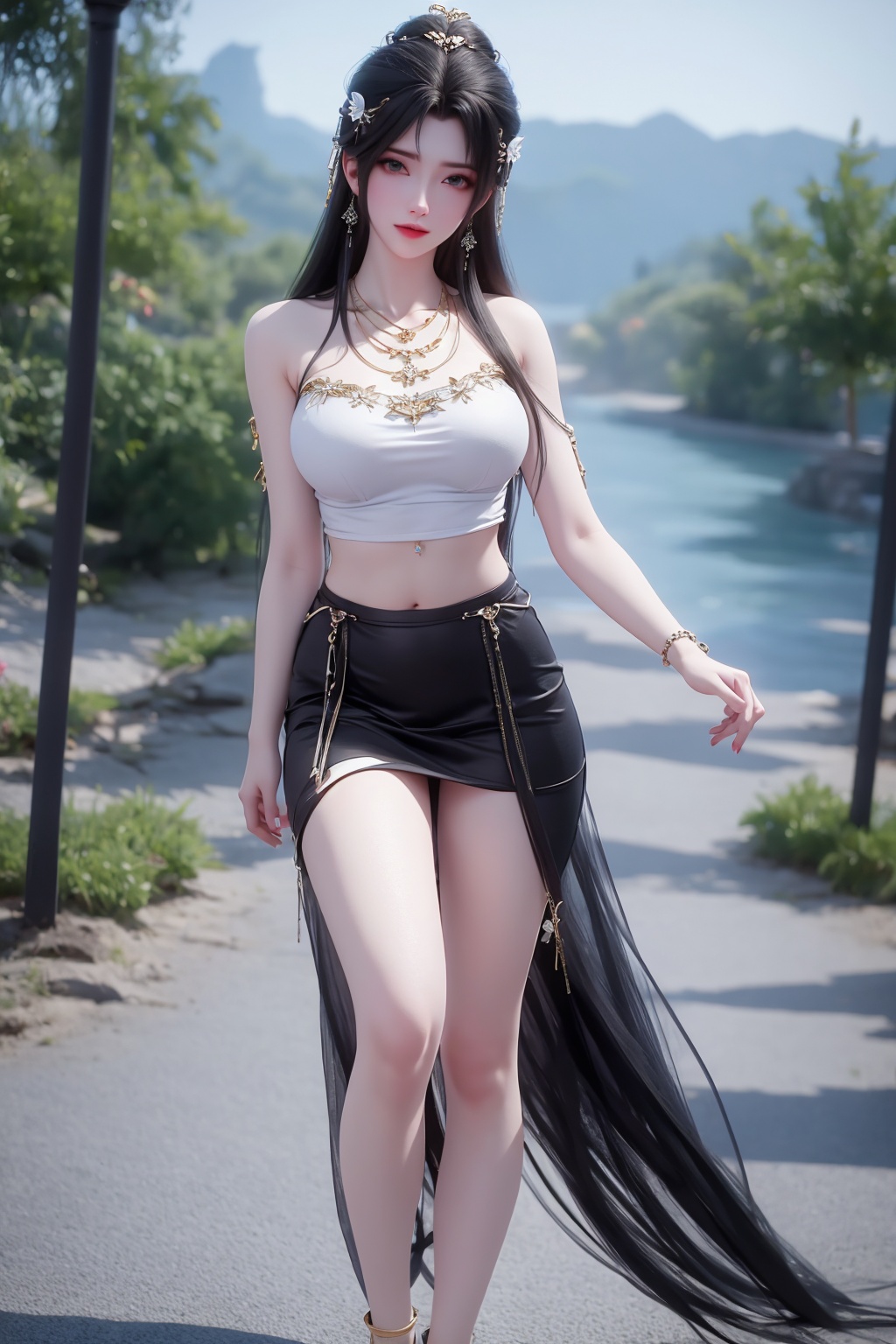 <lora:01清漪第一版:1>,1girl,bare legs,jewelry,solo,long hair,earrings,black hair,full body,skirt,navel,necklace,hair ornament,midriff,breasts,hair bun,blurry background,looking at viewer,