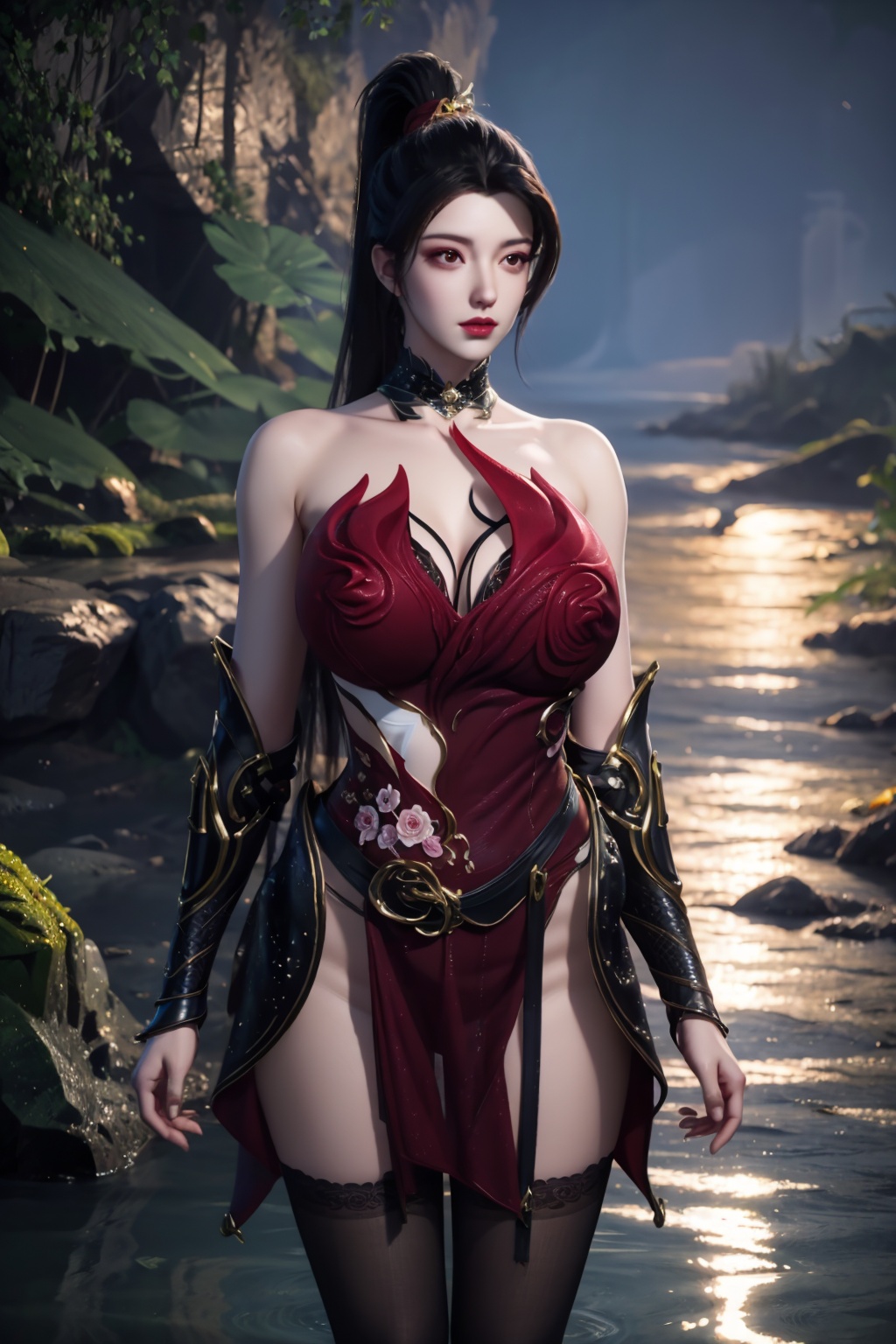 standing,flower,full_moon,moon,night,lily_pad,lotus,moonlight,nipples,water,night_sky,lily_\(flower\),sky,partially_submerged,1girl,solo,hair ornament,long hair,realistic,nail polish,photo_\(medium\),(huge breasts, cleavage),makeup,(8k, RAW photo, best quality, masterpiece:1.2),(realistic, photorealistic:1.3),ultra-detailed,extremely detailed cg 8k wallpaper,(crystalstexture skin:1.2),extremely delicate and beautiful,(sexy pose:1.2),wearing edgHL,see-through,thighhighs,sexy lingerie,(huge breasts:1.2),silk,thin transparent silk,torn pantyhose,blue hair,