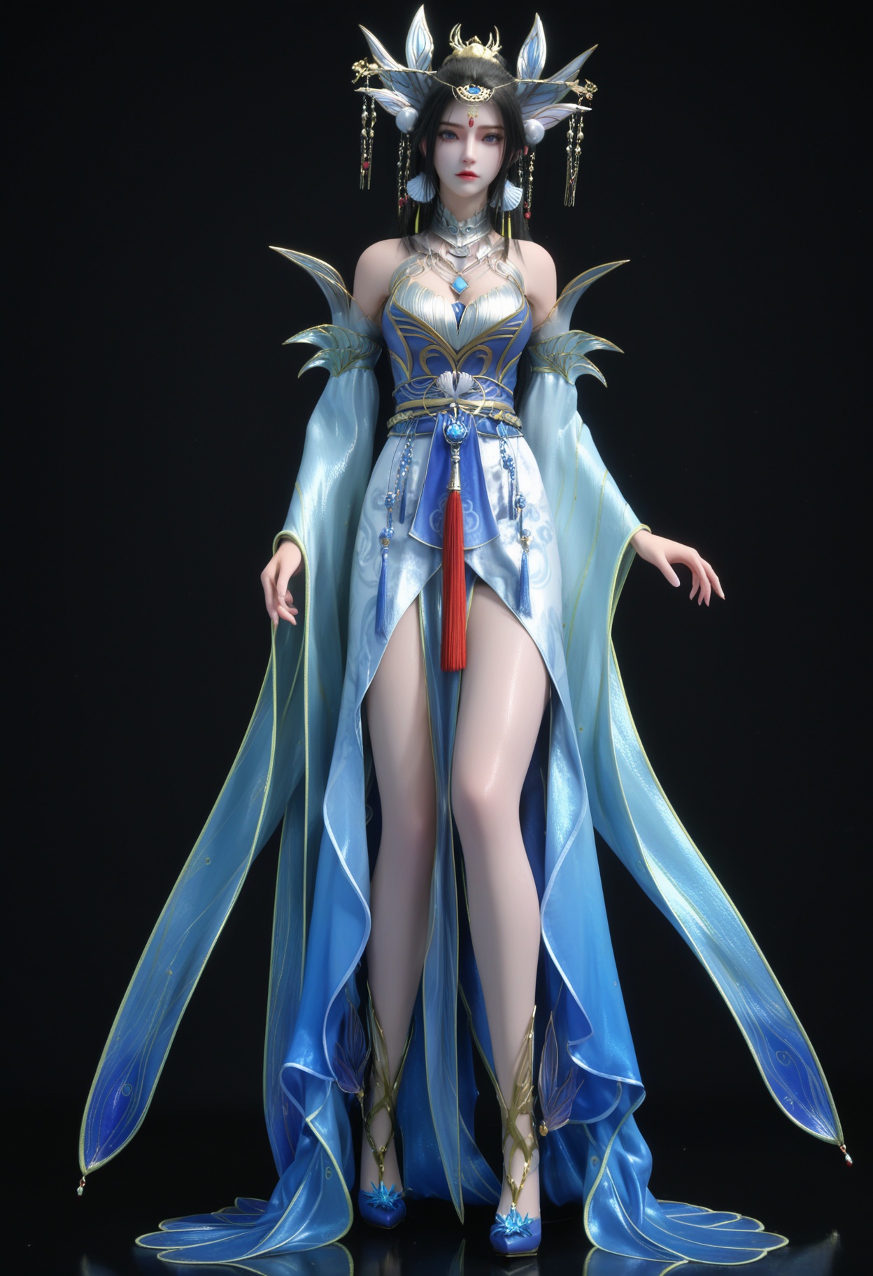 (standing full_body:1.1),score_9,score_8_up,masterpiece,(best quality),intricate details,facing viewer,(looking at viewer:1.1),<lora:YQ_pony_chuxuan_V4:0.8>,q1528437228,1girl,solo,hair ornament,black hair,long hair,jewelry,dress,earrings,blue dress,chinese clothes,detached sleeves,blue eyes,sash,necklace,high heels,hair bun,tiara,blue footwear,brown hair,forehead mark,wide sleeves,long sleeves,pantyhose,ponytail,detached collar,collar,thighs,gold footwear,BREAK(score_9:1.2),(score_8_up:1.2),masterpiece,best quality,very aesthetic,perfect anatomy,(hourglass),perfect face,(simple background,pure black background,black background:1.1),fair_skin,(shiny_skin:1.1),Ivory_skin,