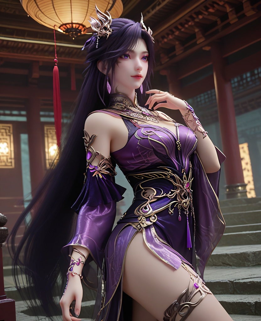 (oriental architecture, elegant decor, sophisticated style:1.1),(seiza:1.1),(breasts:1.2),<lora:XL16长生界燕倾城:0.95>,miss yanqiancheng,purple dress,purple eyes,eyeshadow,very long hair,dark purple hair,hair ornament,earrings,jewelry,bare shoulders,detached sleeves,wristlet,sash,spiral leg decoration,, score_9,score_8_up,score_7_up,score_6_up,score_5_up,score_4_up,3d rendering,tag1,tag2, Cinematic Lighting,backlighting,