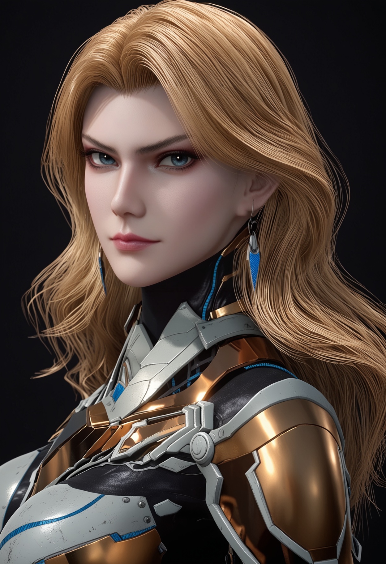 score_9,(looking at viewer:1.1),upper_body,simple background,pure black background,black background BREAK large breasts,weinina,1girl,solo,blonde hair,long hair,earrings,jewelry,armor,bodysuit,blue eyes,realistic,skirt,high heels,<lora:QQSponyweininaV1:0.8>,
