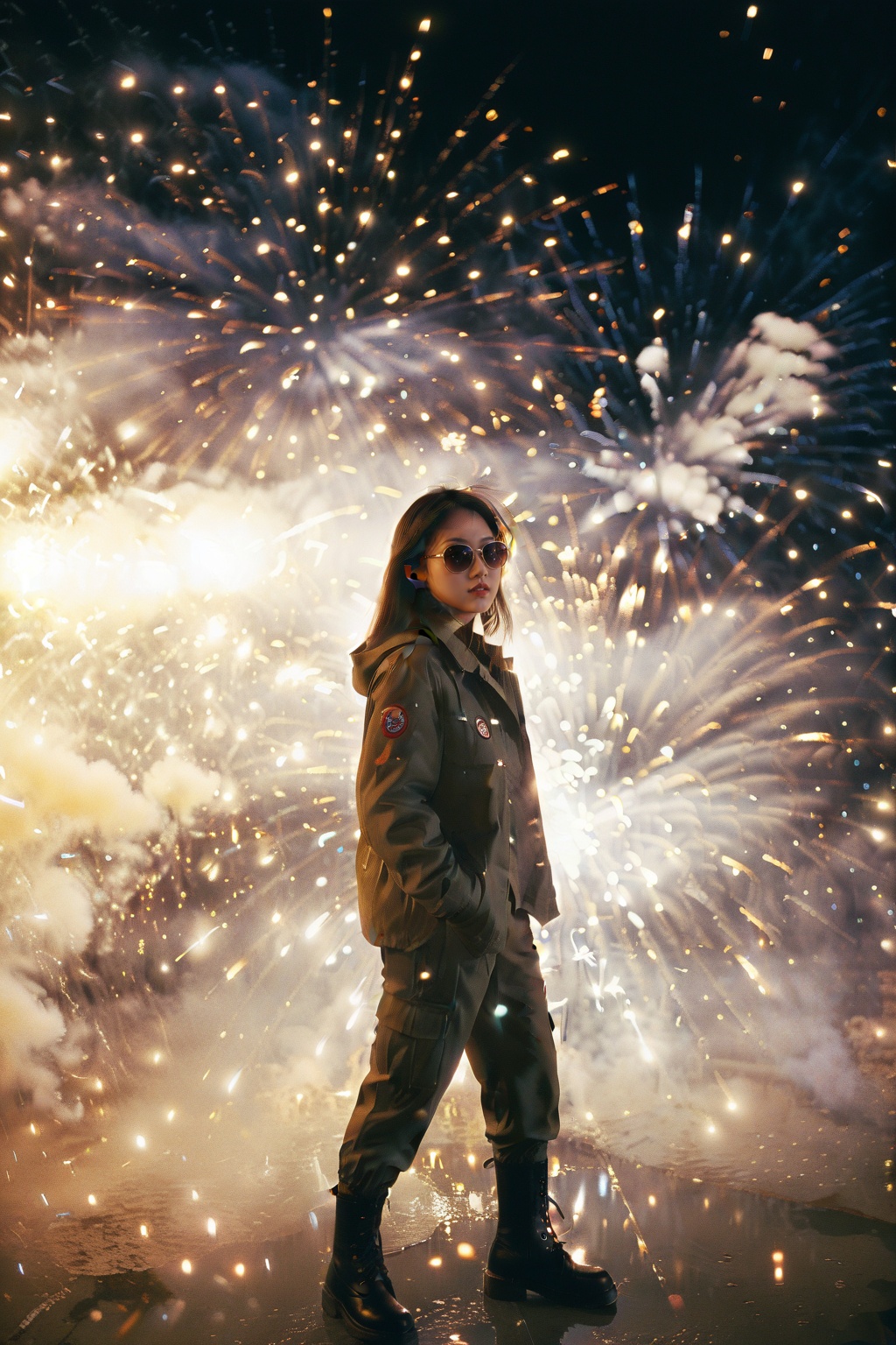 an asian girl,film grain texture,analog photography aesthetic,fire,fireworks,night,<lora:disillusion · fireworks_SDXL:1>,sunglasses,dynamic angle,(Utility_jacket:1.4),(Cargo_pants:1.3),(Combat_boots:1.2),