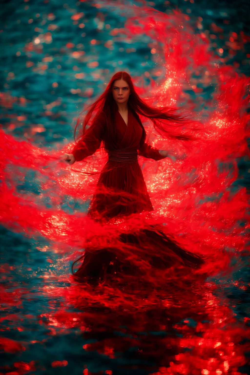 dancing,fighting stance,red-water-aura,using red-water-magic,red-water-magic,1girl,solo,long hair,blue eyes,common face,full body,<lora:magic_fighting_red_512_15:0.8>,
