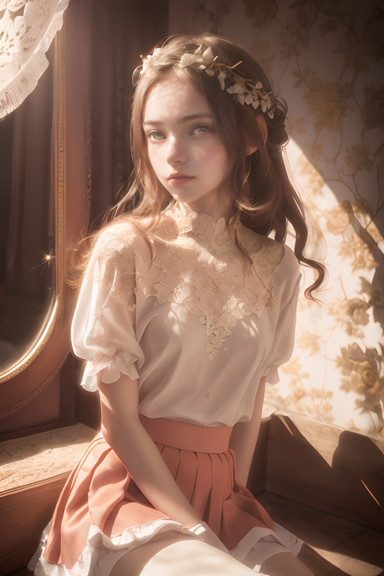 The photograph depicts a teenage girl in a lace skirt standing in a softly lit spot where the lace skirt shines softly in the sun. The girl's expression is gentle and mysterious,and her eyebrows and eyes are crooked,with a hint of grace and shyness.,In terms of color tone,the photo is dominated by warm colors,with the yellow tone of the sun and the pink of the lace contrasting with each other,giving people a warm and comfortable feeling. The clarity is very high,every detail has been finely captured,the texture of the lace skirt,and the girl's expression are very clear.,The picture quality is very good,the picture is delicate,and the colors are full,giving people a high-definition visual experience. In terms of style,this photograph belongs to the aesthetic genre,showing the elegance and mystery of the lace girl through delicate depiction and meticulous shooting techniques.,In terms of shooting techniques,the photographer uses frontal shooting,so that the audience can more intuitively feel the beauty of the girl and the lace skirt. The light and shadow effects are handled properly,and the sunlight shines on the girl through the lace skirt,forming a dappled light and shadow,adding a touch of vividness and vitality to the picture.,The lighting texture is warm and soft,which does not make people feel harsh,and at the same time highlights the atmosphere of the girl and the lace skirt. The composition is layered,with the girl and the lace skirt occupying the main part of the picture,and the light and shadow in the background and the blurred outline form a harmonious foil.,In terms of clothing,the girl wears a pink lace skirt,the style of the skirt is elegant and simple,and the lace fabric is soft,which is suitable for showing the girl's shyness and femininity. The appearance of the character is delicate,the facial lines are soft,the eyebrows and eyes are curved,with a hint of elegance,
