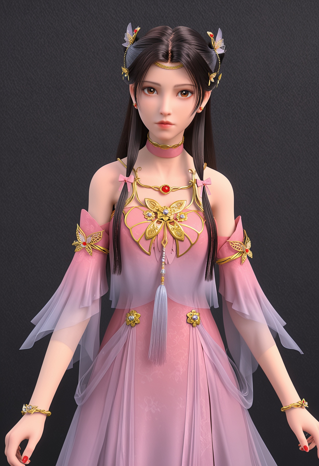 (upper_body:1.2),(looking at viewer:1.1),facing viewer,direct gaze,<lora:YQ_pony_tianlinger_V5:0.8>,q1528437228,1girl,solo,jewelry,long hair,hair ornament,earrings,dress,brown hair,choker,black hair,brown eyes,detached sleeves,hair bun,bracelet,necklace,sandals,BREAK simple background,pure black background,black background,perfect anatomy,