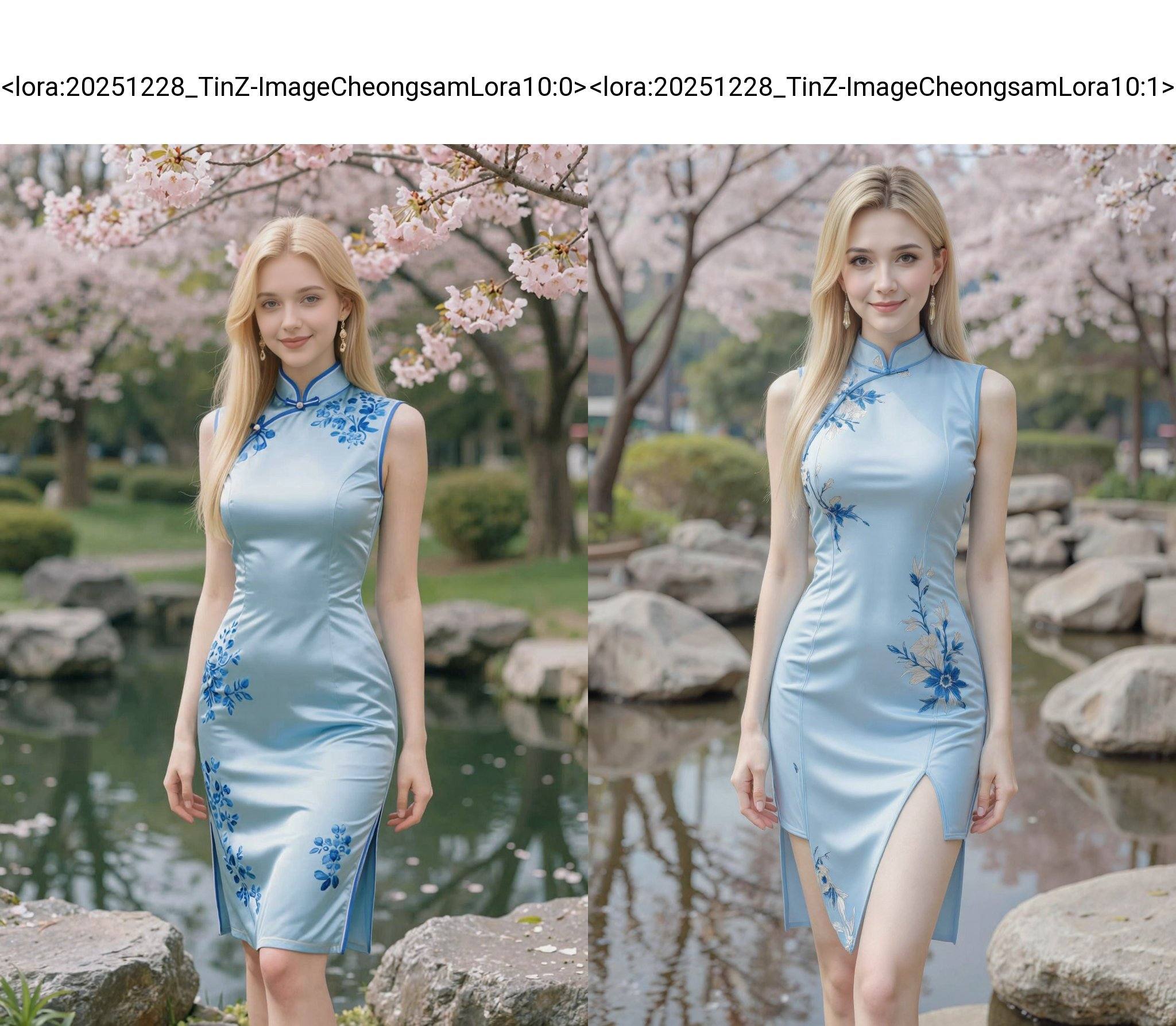 Photograph of a young Caucasian woman standing in a serene garden with a small pond and cherry blossom trees in the background. She has long straight blonde hair, fair skin, and is wearing a form-fitting, pale blue silk cheongsam short dress with blue floral embroidery and blue trim. The dress has a high collar and a thigh-high slit on the left side. She is accessorized with gold dangling earrings. Her expression is gentle, with a slight smile. The garden features large rocks and greenery, with soft pink cherry blossoms in bloom. The overall mood is tranquil and elegant., cheongsam, sleeveless cheongsam, sleeveless cheongsam dress, high collar cheongsam, qipao <lora:20251228_TinZ-ImageCheongsamLora10:0>