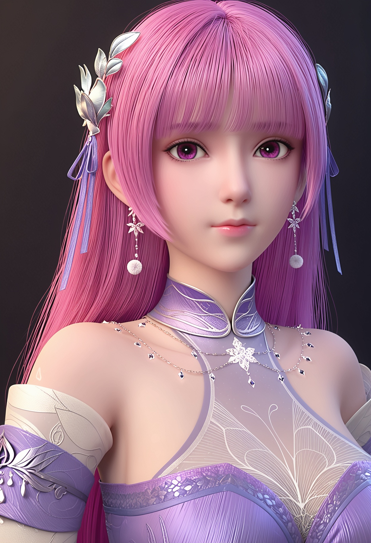 (gigantic breasts:0.6),(upper_body:1.2),(looking at viewer:1.1),facing viewer,direct gaze,<lora:YQ_pony_yeziyun_V4:0.8>,q1528437228,1girl,solo,long hair,hair ornament,jewelry,chinese clothes,dress,earrings,pink hair,purple hair,purple eyes,detached sleeves,blunt bangs,pantyhose,thighhighs,pink eyes,ribbon,wide sleeves,hair ribbon,very long hair,necklace,ring,see-through,shoes,BREAK simple background,pure black background,black background,perfect anatomy,