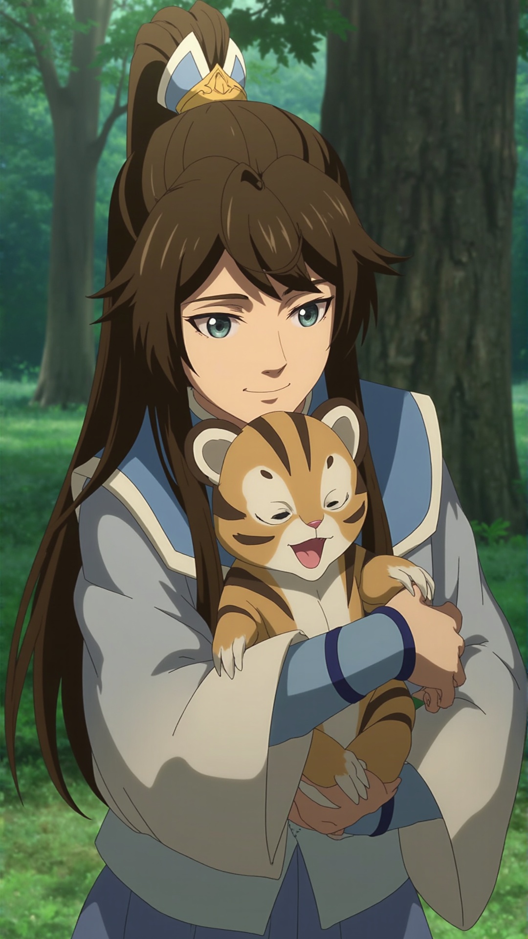 masterpiece,best quality,A cute little girl holding a little tiger,the little girl round face,smiling eyes are squinted into a seam,the little tiger round very cute,forest background,children illustrations,seecolor,<lora:F1-baixiaochun:0.8>,