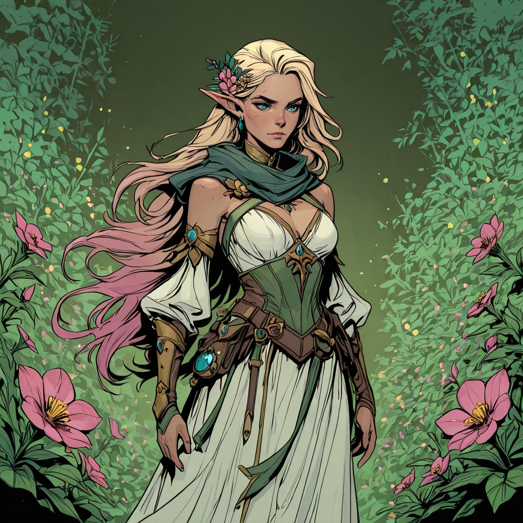 D&D Painterly,  The image shows a woman in a white dress with pink flowers in her hair standing in front of a backdrop of...
