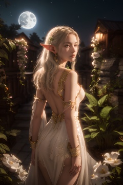 masterpiece, official art, extremely detailed cg unity 8k wallpaper, highly detailed, absurdres, 8k resolution,1girl, solo, pointy ears, elf, long hair, moon, jewelry, earrings, white hair, ass, bridal gauntlets, dress, breasts, full moon, from behind, flower, standing, white dress, night, plant, looking back,depth of field, panorama, cinematic lighting, ray tracing, best quality