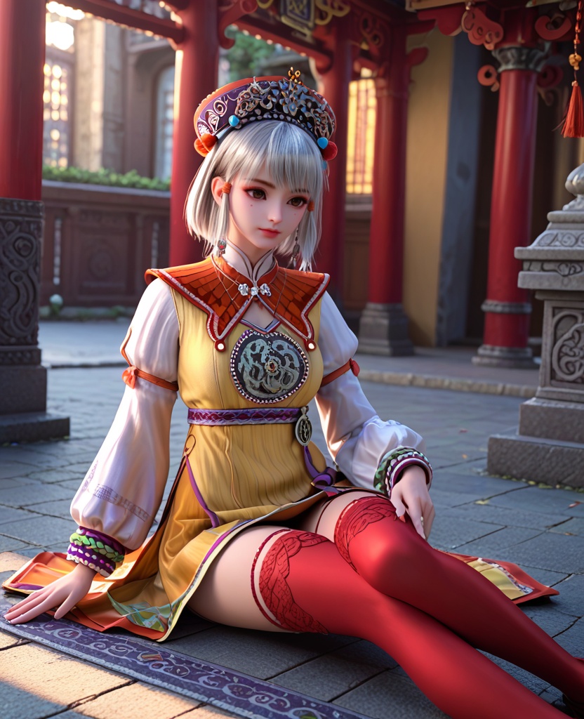 (oriental architecture, elegant decor, sophisticated style:1.1),(Sitting on the floor with legs crossed, looking to the side,:1.1),(breasts:1.2),<lora:XL少年白马小白:0.95>,miss xiaobai,yellow short dress,brown detachable collar,puffy long sleeves,brown miniskirt,belt,brown eyes,mole under eye,silver hair,bangs,hat,jewelry,red thighhighs,pom pom \(ornament\),, score_9,score_8_up,score_7_up,score_6_up,score_5_up,score_4_up,3d rendering,tag1,tag2, Cinematic Lighting,backlighting,