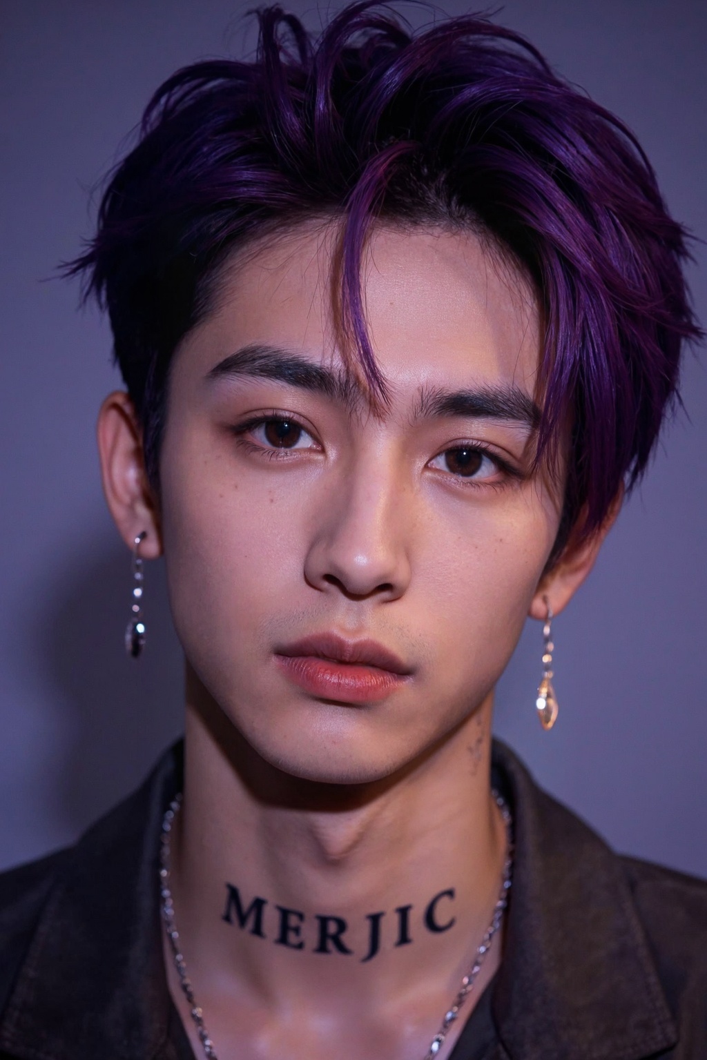 a young man,his purple hair is styled in a sleek modern look,earrings,with tattoo text "MERJIC" on his neck,soft lighting,high resolution,professional grade,RAW photography,evocative composition,Cinematic Lighting,moody lighting,perfect eyes,depth of field,virtual background,eyes focus,<lora:majichandsome1:0.8>,