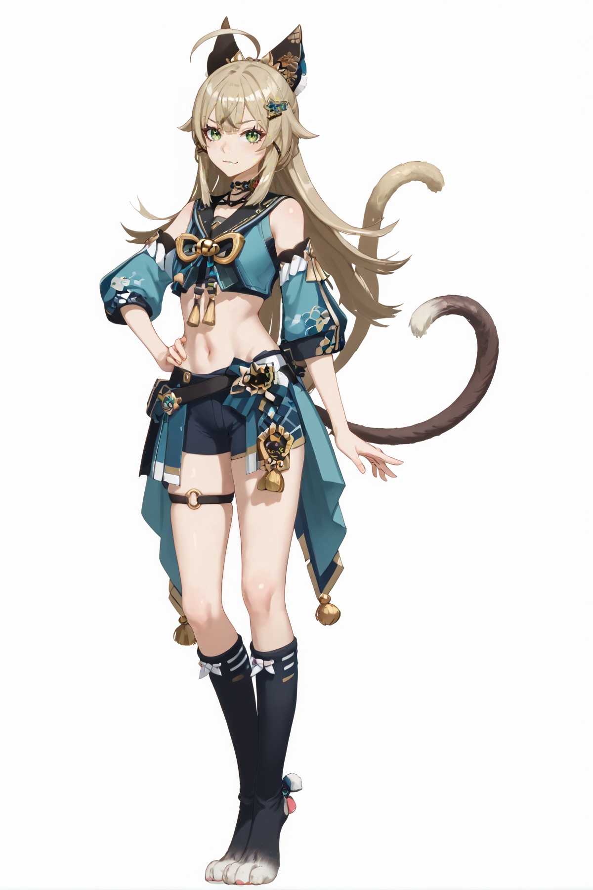 score_9, score_8_up, score_7_up, score_anime, 8k, best quality, masterpiece, (ultra-detailed), (white background,simple background:1.3), solo, hands on hip, (full body:1.1), looking at viewer, <lora:yll-pony-Tanger:0.8>, yll, def clothes, muye, nekomata girl, 1girl, green eyes, animal ears long hair, ahoge, hair ornament, navel, (2 tails, cat tails:1.2), cat feet, 