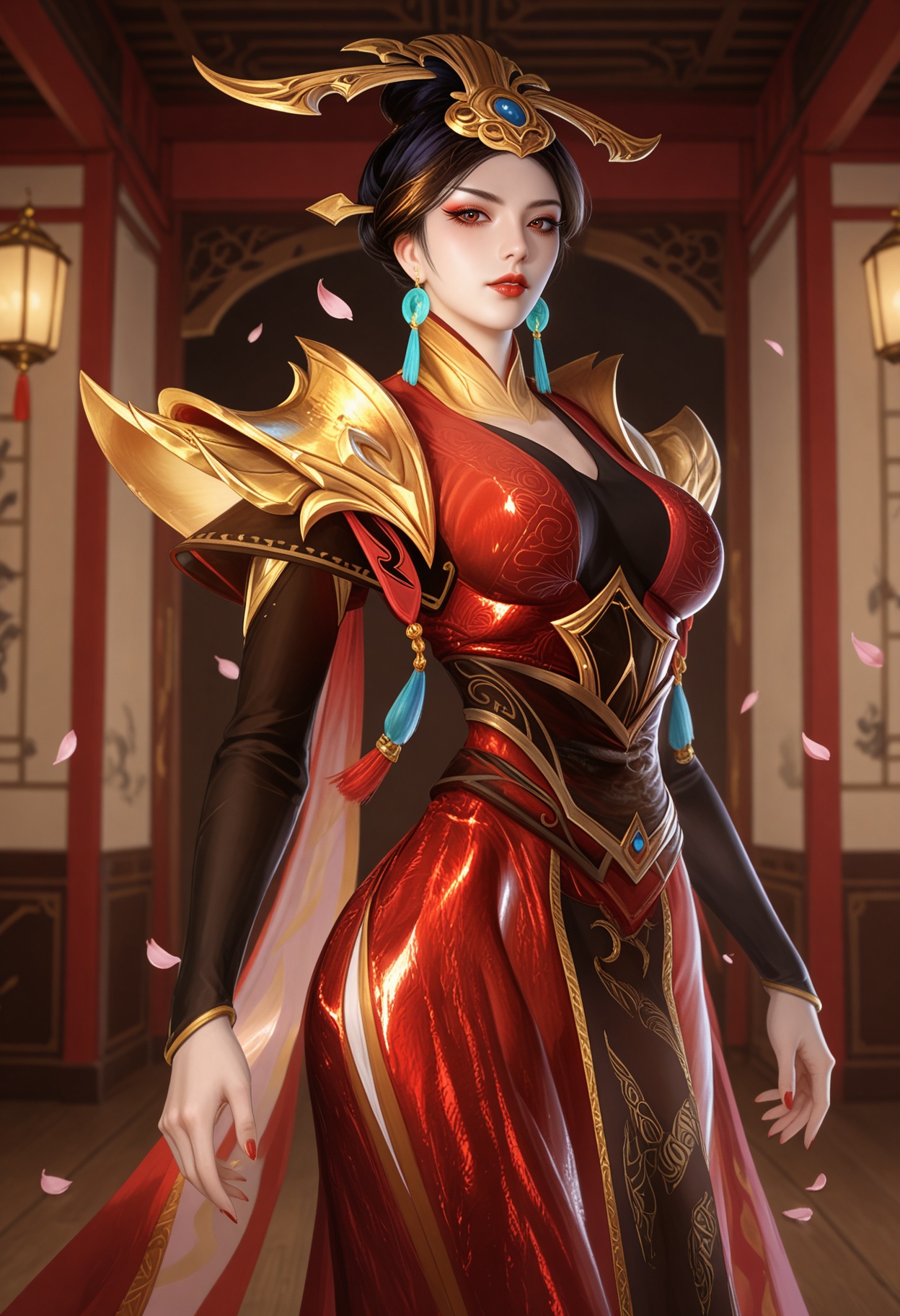 (standing full_body:1.1),looking at viewer:1.1,masterpiece,(best quality),smog,Dark room,dim lighting,peach blossom,falling petals,<lora:YQ_Illustrious光辉v5_芈月_V1:0.8:lbw=1,1,1,1,1,1,1,1,1,0.8,0.8,0.1>,q1528437228,1girl,earrings,jewelry,solo,hair ornament,dress,red dress,makeup,red lips,brown hair,black hair,armor,eyeshadow,chinese clothes,long sleeves,shoulder armor,brown eyes,red eyes,hair bun,single hair bun,tassel,