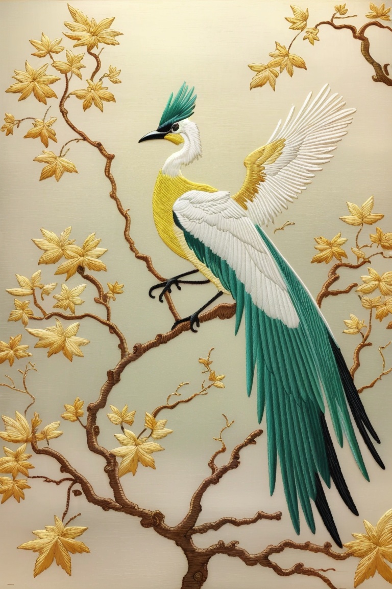 ((HRD, HUD, 8K)),((masterpiece, best quality)), highly detailed,Embroidery, bird, no humans, tree, animal focus, branch, wings, solo, english text, beak, artist name,  <lora:20240520-1716211516835:0.9>