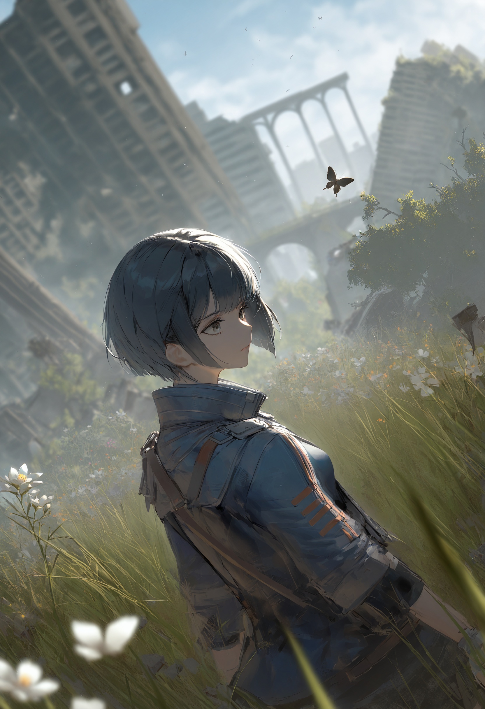 best quality, masterpiece, 1girl, solo, upper body, closed mouth, black hair, jacket, short hair, bangs ,bug, outdoors, ruins, scenery, sky, day, butterfly, cloud, overgrown, grass, blurry foreground, flower, blurry, depth of field, post-apocalypse, blue sky, dutch angle, tree, building, ground vehicle, railroad tracks, white flower, bridge, cloudy sky  <lora:rsefXLlokr4f-000143:0.95>