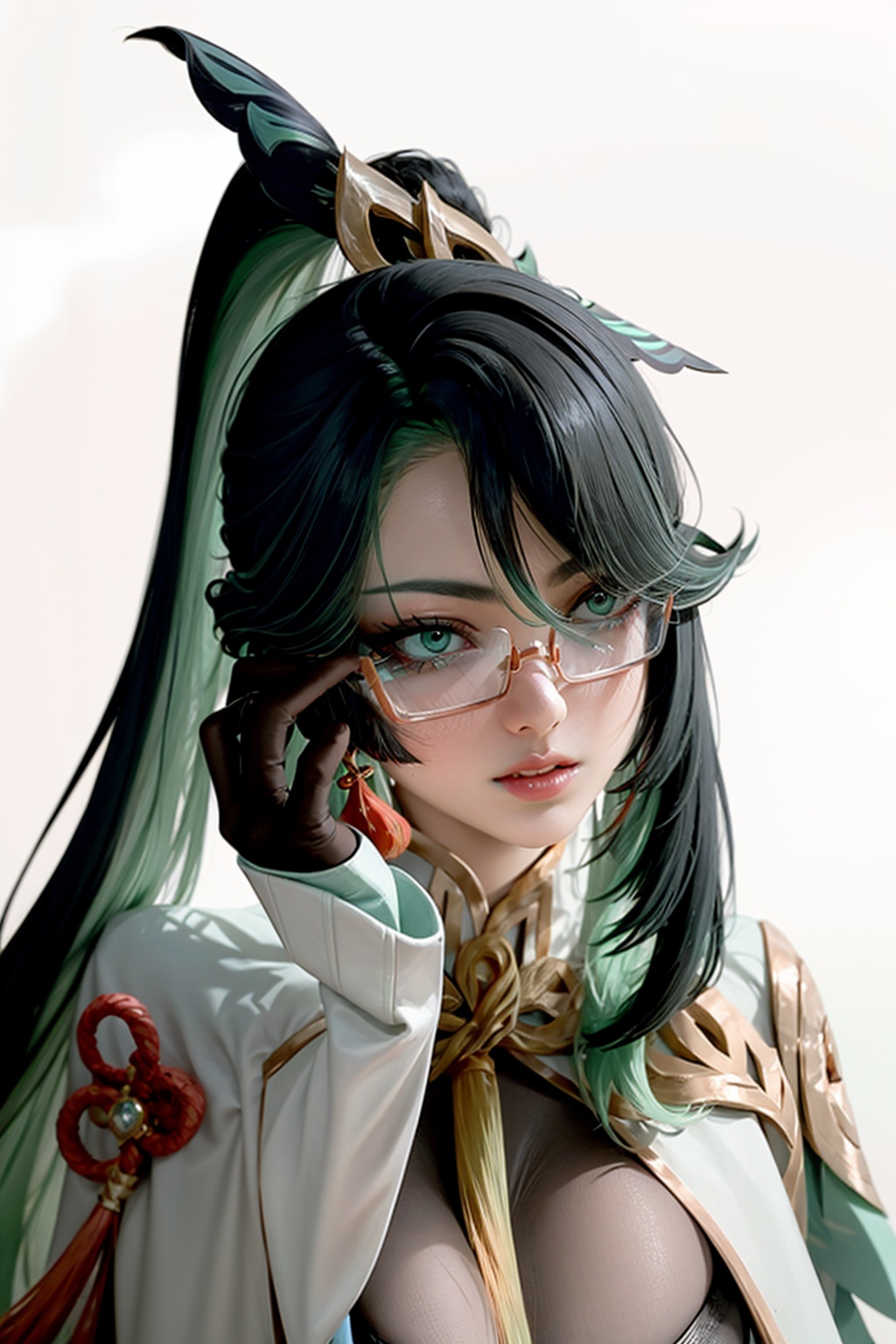masterpiece, best quality, <lora:xianyun-v2:1>,1girl, glasses, solo, green eyes, hair ornament, gloves, earrings, black hair, jewelry, green hair, looking at viewer, long hair, ponytail, breasts, upper body, multicolored hair, white background, bangs, black gloves, parted lips, adjusting eyewear,long sleeves, 