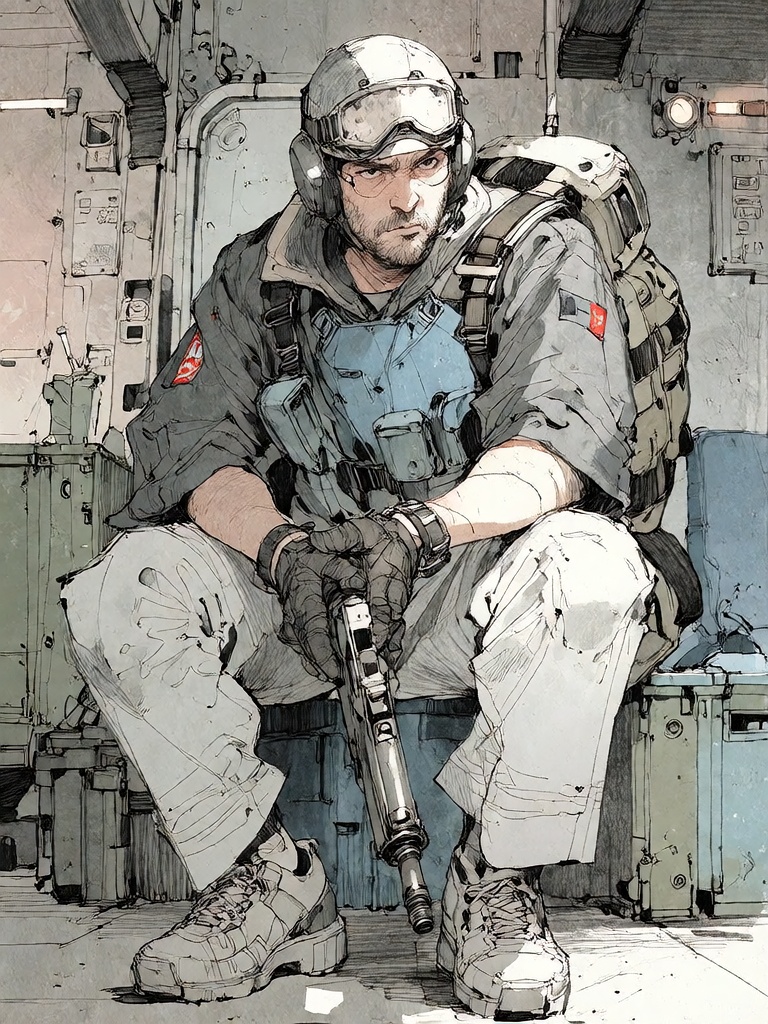 Bradhamel art style. A detailed black-and-white sketch of a rugged,  bearded soldier in heavy futuristic combat gear seate...