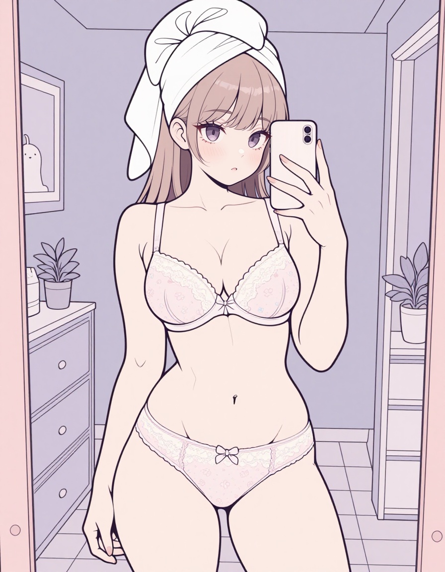 a mirror selfie of a light brown haired woman fresh out of the shower. the frame of the mirror is within view.a white towe...