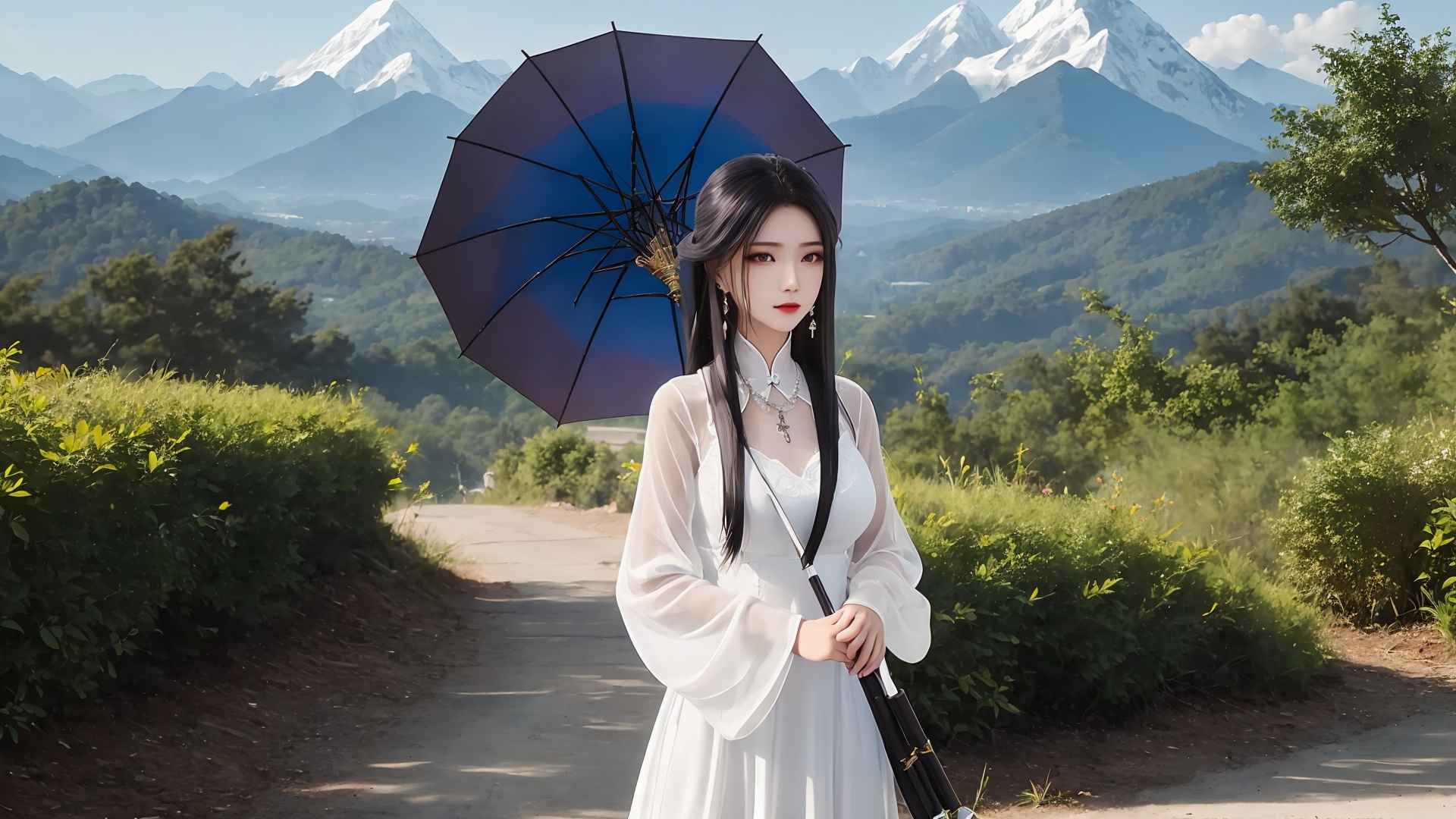 1girl, umbrella, solo, dress, white dress, holding umbrella, jewelry, long hair, black hair, holding, outdoors, chinese clothes, mountain, earrings, necklace, long sleeves<lora:girl solo luxueqi_20240911015355:0.6>,<lora:SD1.5泛光调节_v1.0:0.5>,