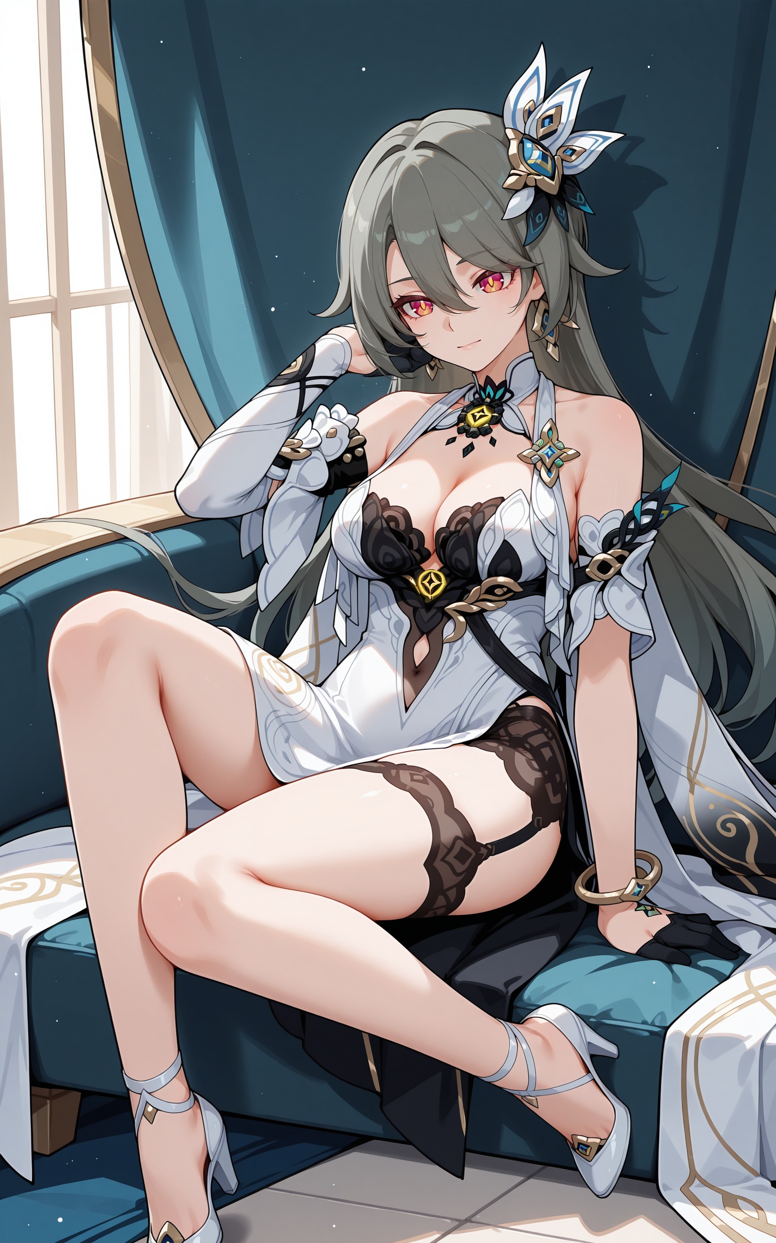 <lora:xl-ill-vita(honkai impact)-v1-000010:0.8>,vita:zhilingkanshi\(honkai impact\),1girl,solo,long hair,hair between eyes,grey hair,jewelry,hair ornament,bare shoulders,medium breasts,breasts,cleavage,black lingerie,dress,white dress,detached sleeves,bracelet,gloves,high heels,white footwear,