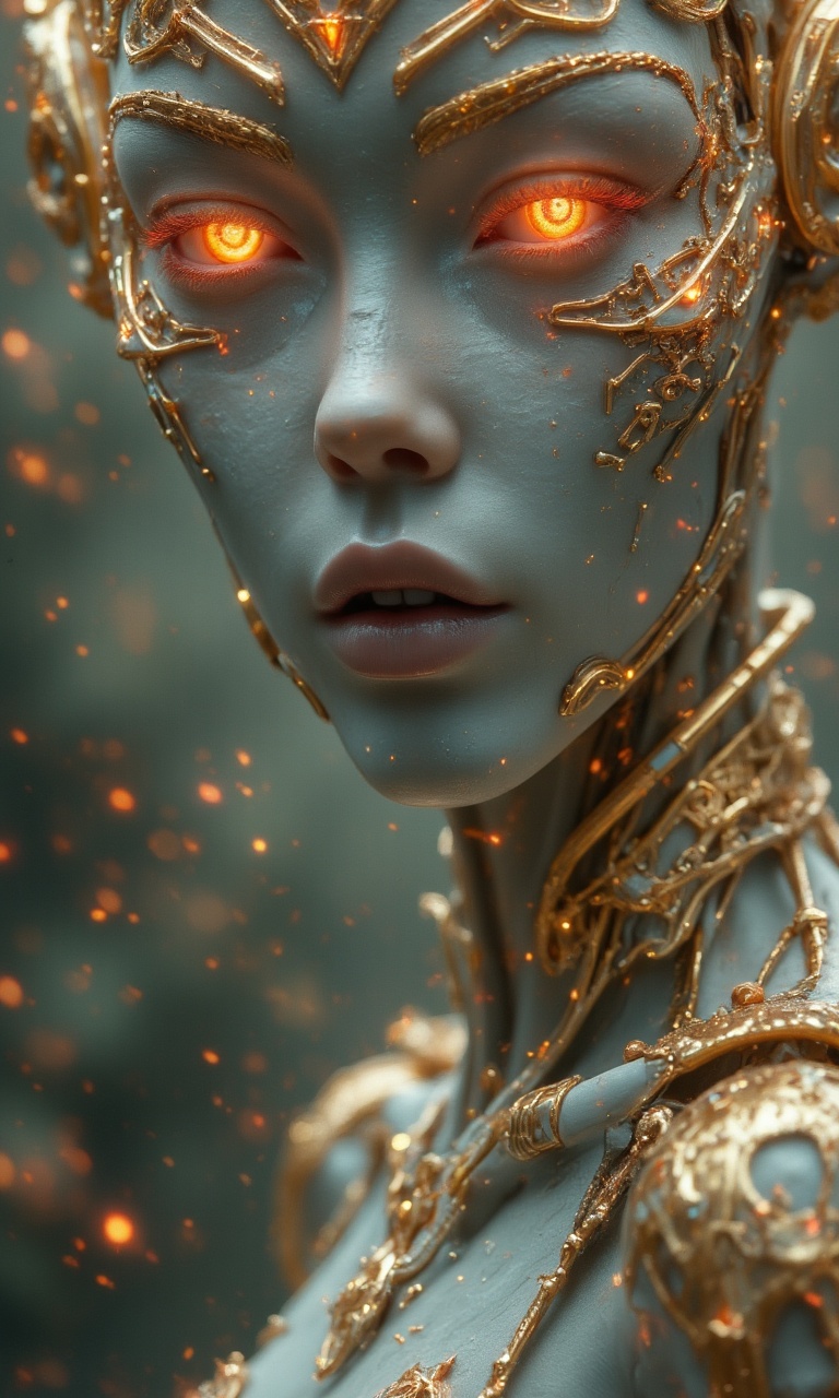 JMstyle-CGI,A highly detailed digital painting of a woman with glowing eyes and intricate golden jewelry on her face, neck, and shoulders. The woman has a serene expression and is looking directly at the viewer. The background is a soft, blurred mix of warm colors, with a bokeh effect creating a dreamy, ethereal atmosphere. The woman's skin is a pale blue-gray, with a smooth texture that contrasts with the rough, metallic appearance of the jewelry. The jewelry is ornate and features various shapes and designs, with a golden hue that reflects the light. The woman's eyes are the most striking feature, emitting a soft, orange-red glow that adds a mystical element to the image. The lighting is soft and diffused, with light sources coming from the upper left and lower right, creating gentle shadows and highlights on the woman's face and jewelry. The overall mood of the painting is calm and otherworldly, with a sense of mystery and beauty. The style is realistic with a fantasy twist, and the use of light and shadow is masterful. The woman's lips are slightly parted, and she has a small, delicate nose. The image is framed tightly around her face and upper body, focusing on her facial features and the intricate details of the jewelry.