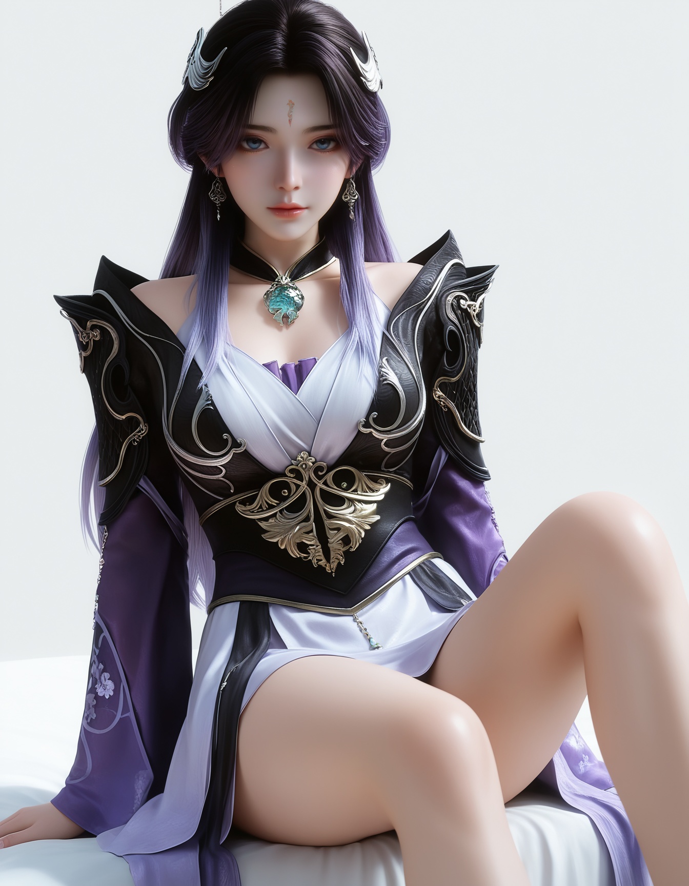 masterpiece,best quality,realistic,cinematic,detail eyes,(ultra-detailed),perfect composition,intricate details,absurdres,detailed face,high quality,high res,8K,<lora:X_dinxue_IL4.0:0.8>,black hair,purple hair,gradient hair,forehead mark,blue eyes,1girl,long hair,breast,medium breast,hair_ornament,dress,purple_dress,sitting,bare_legs,simple background,white_background,bed,looking_at_viewer,window,
