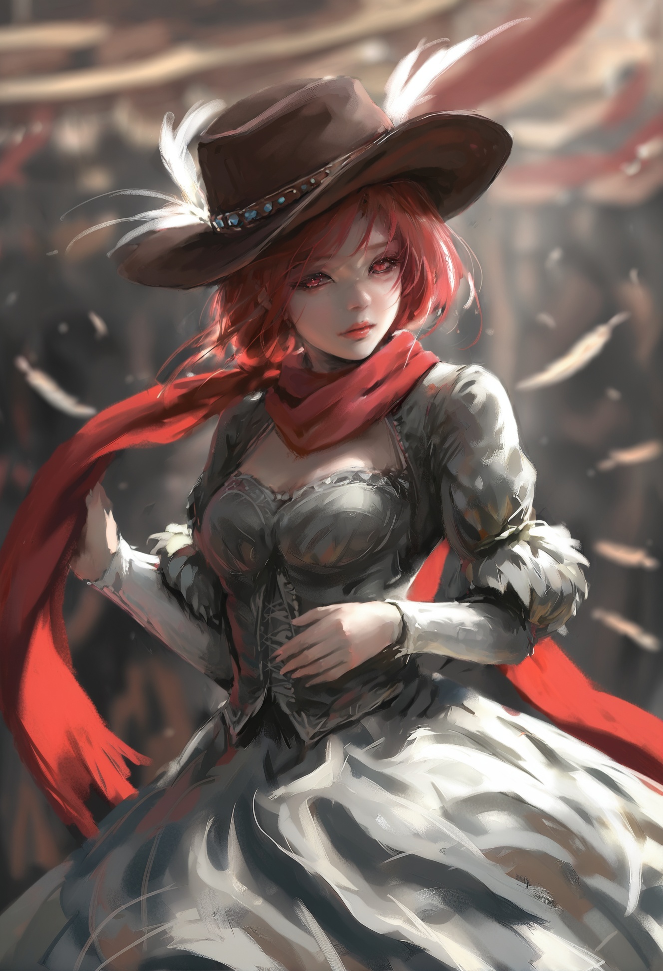 masterpiece, best quality,masterpiece, best quality, 1girl,red scarf,cowboy hat with feathers,red hair,red eyes,1011ta dress,  <lora:wlopXLlokr4f-000187:0.95>