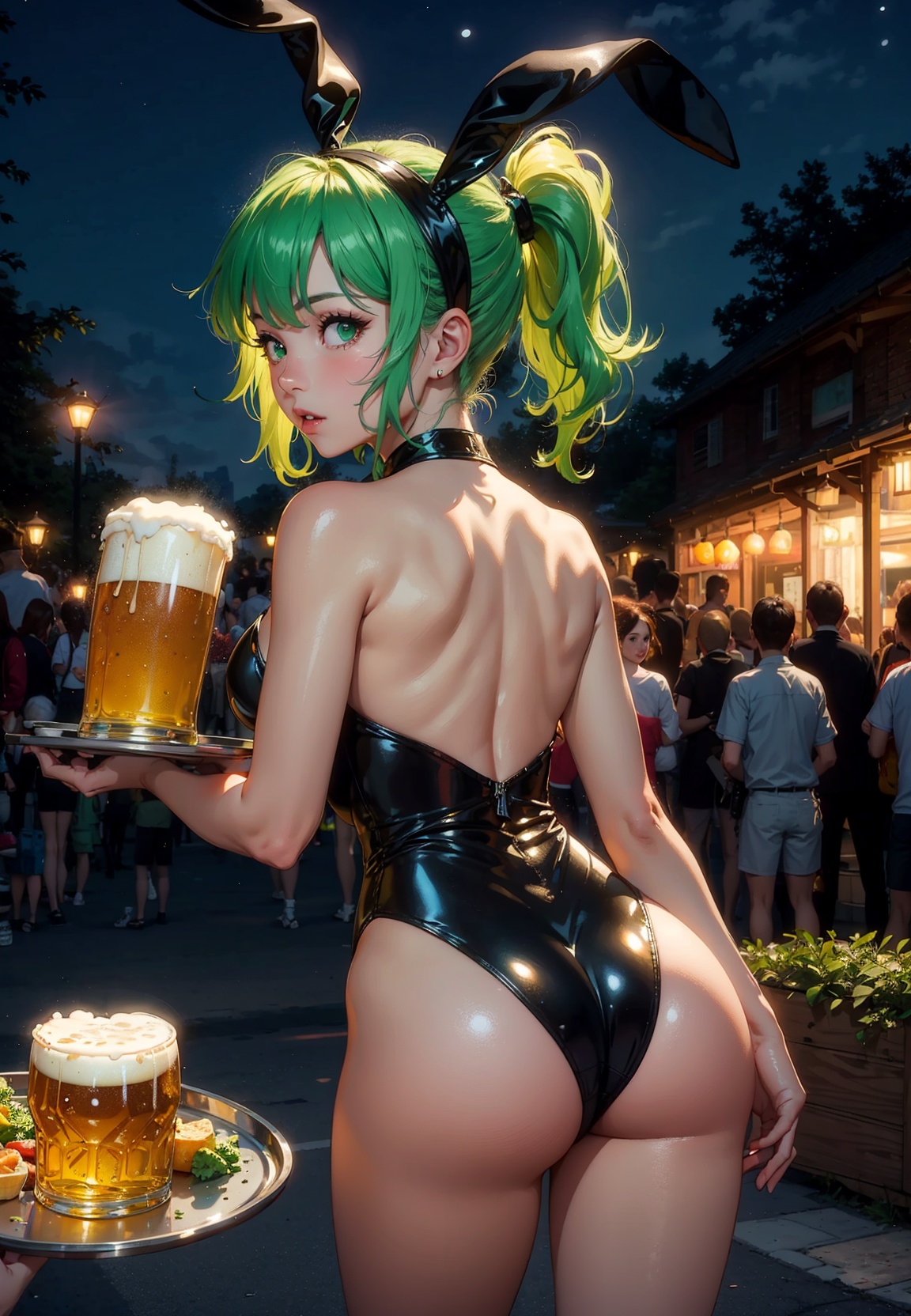 A girl in a tray carrying beer and appetizer in a beer garden,  nighttime,  medium breasts on Tensor.Art