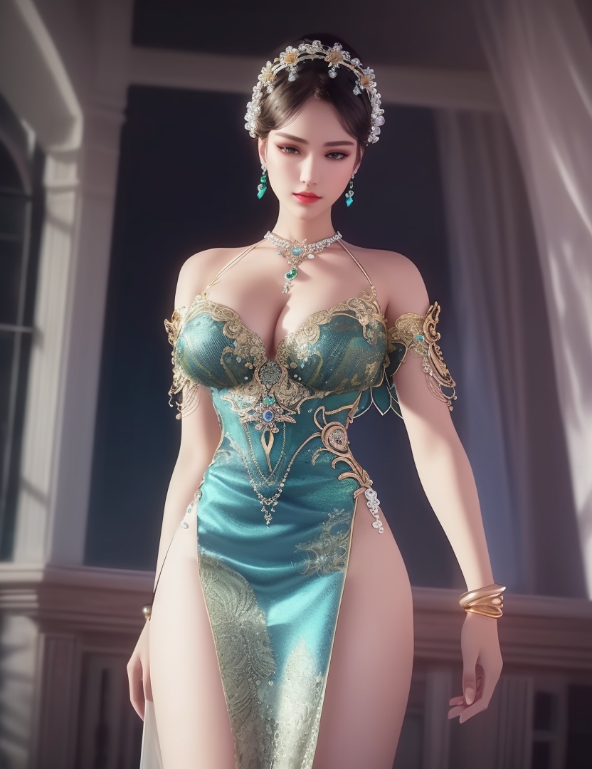 ultra realistic 8k cg, picture-perfect face, flawless, clean, masterpiece, professional artwork, famous artwork, cinematic lighting, cinematic bloom, perfect face, beautiful face, fantasy, dreamlike, unreal, science fiction,  beautiful clothes, lace, lace trim, lace-trimmed legwear,  (rich:1.4), prestige, luxury, jewelry, diamond, gold, pearl, gem, sapphire, ruby, emerald, intricate detail, delicate pattern, charming, alluring, seductive, erotic, enchanting, hair ornament, necklace, earrings, bracelet, armlet,halo((,1girl, pov,))(((,  1girl,  solo,looking at viewer, ))),(((1girl, solo, dress, jewelry,large breasts, )))<lora:DA_WhiteSnakeGreenSnake:0.7>