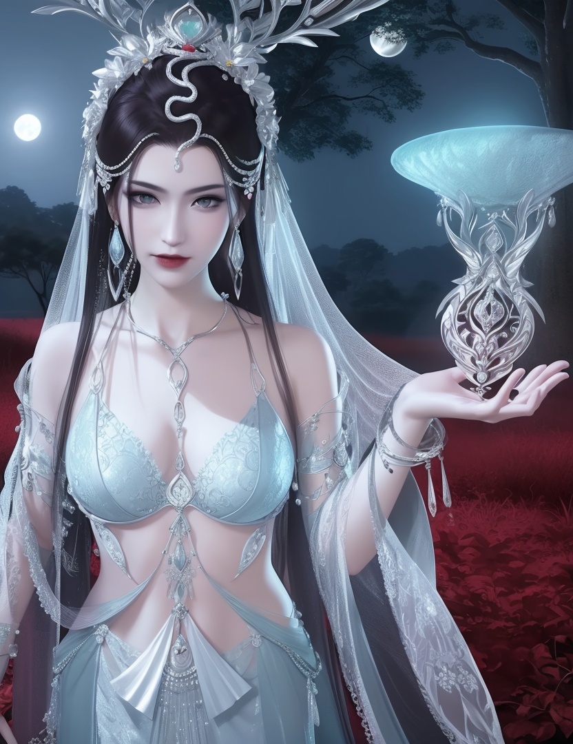 ultra realistic 8k cg, picture-perfect face, flawless, clean, masterpiece, professional artwork, famous artwork, cinematic lighting, cinematic bloom, perfect face, beautiful face, fantasy, dreamlike, unreal, science fiction , beautiful clothes, lace, lace trim, lace-trimmed legwear,  (rich:1.4), prestige, luxury, jewelry, diamond, gold, pearl, gem, sapphire, ruby, emerald, intricate detail, delicate pattern, charming, alluring, seductive, erotic, enchanting, hair ornament, necklace, earrings, bracelet, armlet,halo((,1girl, pov,))  (((1girl, solo,,, large breasts,  night,full moon,looking_at_viewer , wilted flower, bare tree,  1girl, lamia,  upper body, solo, , body horror, )))    <lora:DA_NSH_XLZH:0.7>