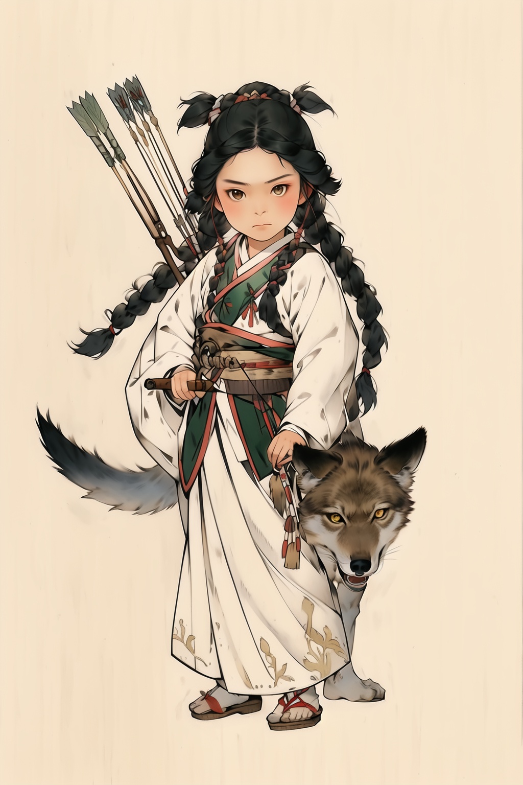 ycbh, 1girl, weapon, arrow \(projectile\), bow \(weapon\), braid, holding, holding weapon, twin braids, black hair, simple background, holding bow \(weapon\), long sleeves, standing, full body, solo, traditional clothes, long hair, animal, child, wolf,<lora:ycbh4:0.8>,