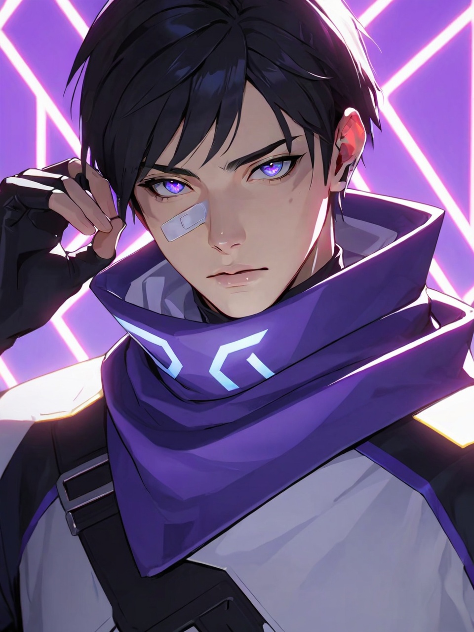 Iso,1boy,male focus,purple eyes,solo,bandaid,bandaid on face,gloves,fingerless gloves,this is a digital anime-style illustration featuring a serious young man with short black hair,pale skin,and striking blue eyes. he wears a white and black futuristic outfit with a high collar,black gloves,and a red scarf. he has a bandage on his cheek. the background is a glowing,geometric,purple and white pattern,creating a sci-fi atmosphere. the depth of field is shallow,with the background slightly blurred. no watermark is present.,looking_at_viewer,real,ray tracing,ultra sharp,ultra high resolution,(masterpiece),(best quality),super detailed,extremely delicate and beautiful,exquisite facial features,super delicate face,cinematic light,detailed environment,ultra realistic details,facing camera,finely detailed features,cinematic lighting effects,photoreal,32k uhd,cinematic lighting effects,
