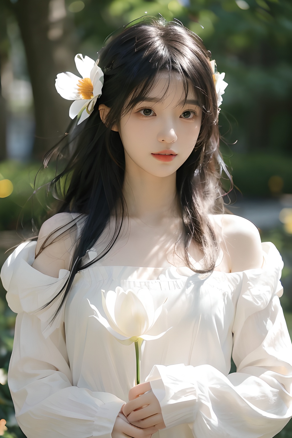 1girl, solo, black hair, black eyes, flower,Light, (sunlight:1.4), blurry background, long hair, bangs, blurry, upper body, hair flower, closed mouth, hair ornament, realistic, long sleeves, blunt bangs,  white dress, lips, white shirt, <lora:YG青春阳光女孩:0.85>,