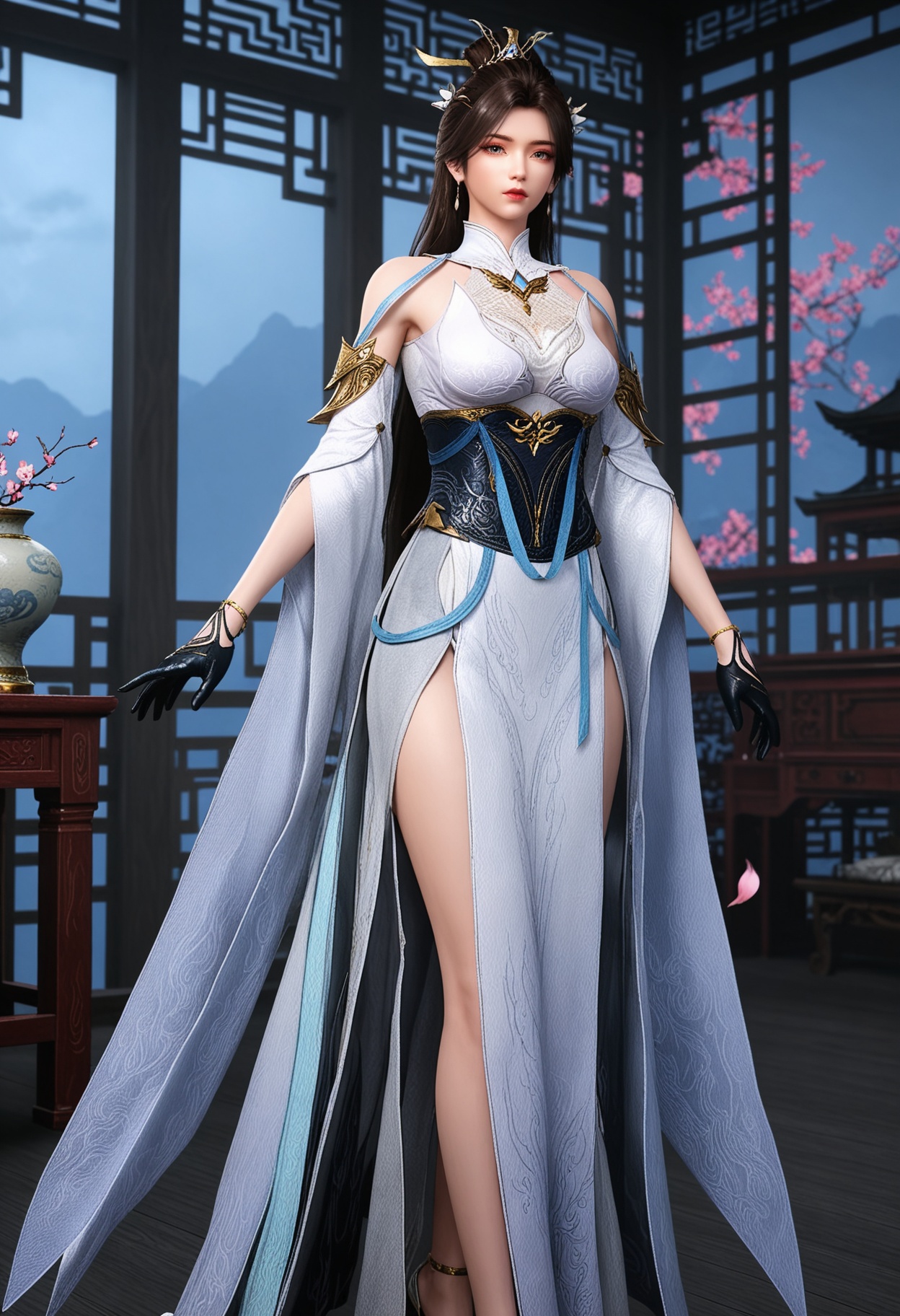 (standing full_body:1.1),(looking at viewer:1.1),masterpiece,(best quality),smog,Dark room,dim lighting,peach blossom,falling petals,<lora:YQ_Illustrious光辉v5_灵溪_V1:0.8>,q1528437228,1girl,solo,jewelry,long hair,hair ornament,earrings,brown hair,dress,white dress,hair bun,black hair,detached sleeves,chinese clothes,gloves,ponytail,black gloves,single hair bun,high heels,brown eyes,grey eyes,blue eyes,sash,bracelet,