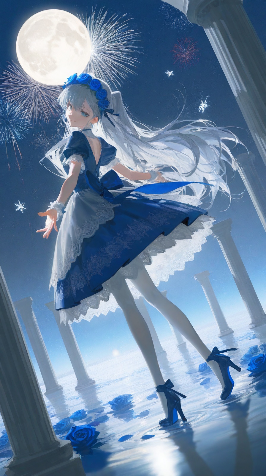 masterpiece,best quality,amazing quality,very aesthetic,absurdres,newest,in the style of fashion photography,light particles,cinematic lighting,Visual impact,sharp focus,Emotionalization,impactful picture,lens flare,depth of field,dynamic pose,dutch angle,extreme aesthetic,(dino_(dinoartforame):0.5),(yoneyama mai:0.5),(Yomu:0.3),(quasarcake:0.4),(wlop:0.3),line art,hewu,depth of field,(rei \(sanbonzakura\):0.8),(ciloranko:0.7),(artist:quasarcake:0.8),(wlop:0.7),extreme aesthetic,(quasarcake:0.7),masterpiece,best quality,good quality,newest,year 2024,year 2023,very aesthetic,absurdres,Visual impact,A shot with tension,ultra-high resolution,32K UHD,sharp focus,best-quality,masterpiece,Emotionalization,unconventional supreme masterpiece,masterful details,temperate atmosphere,with a high-end texture,in the style of fashion photography,(Visual impact:1.2),insanely interplay between lights and shadows,(ray tracing),sunlight,reflective,masterful details,intricate details,soothing tones,high contrast,natural skin texture,soft light,sharp,giving the poster a dynamic and visually striking appearance,impactful picture,offcial art,colorful,splash of color,movie perspective,colorful,splash of color,\,(close-up:1.3),(upper body:1.3),outstretched arm,reaching towards viewer,close-up,{{arch,column}},high heels,puffy short sleeves,blue dress,blue bow,white pantyhose,blue footwear,lace-trimmed dress,looking at viewer,smile,standing,water,see-through,moon,bug,star (sky),night sky,lace trim,starry sky,lolita fashion,blue theme,blue rose,snowflakes,head wreath,fireworks,dripping,pillar,flower wreath,looking back,
