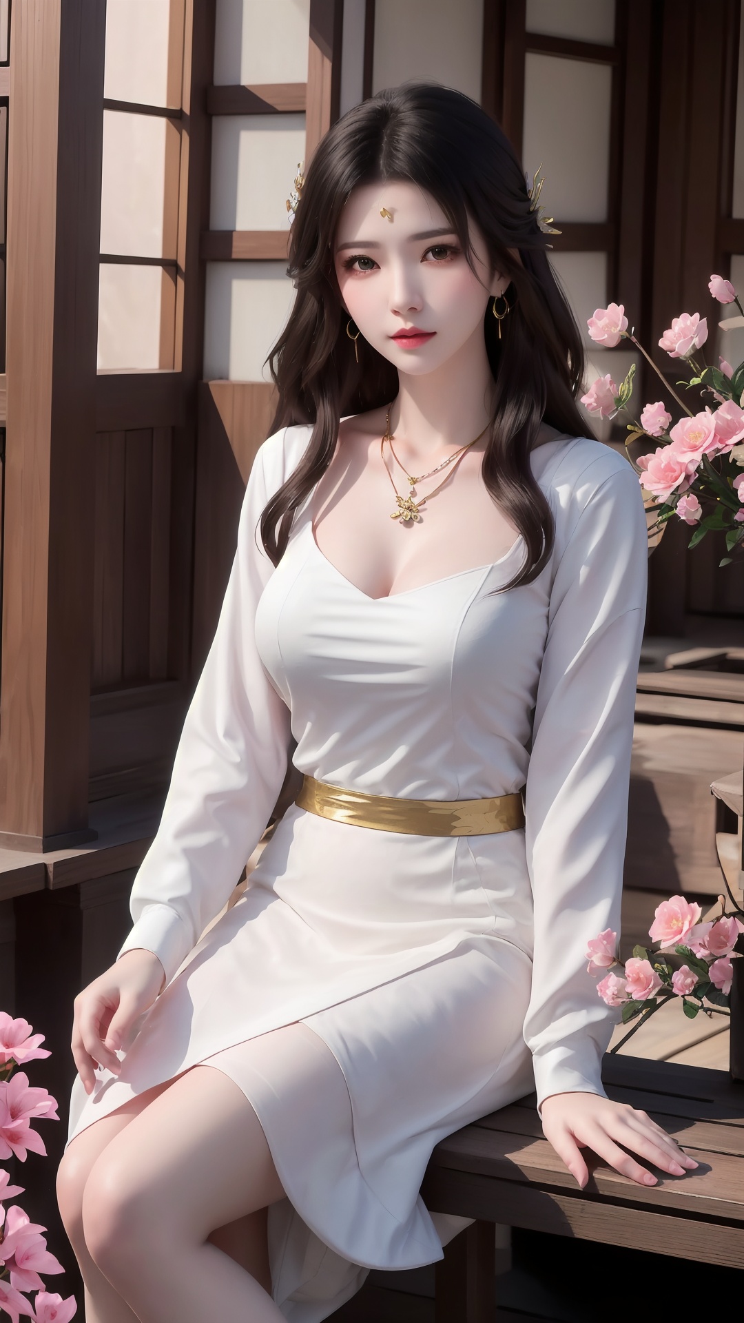 The image is a digital illustration of a young woman sitting on a wooden bench. She is wearing a white and purple outfit with gold accents. The outfit has a high neckline and long sleeves,and the skirt is knee-length. The woman has long dark hair styled in loose waves and is wearing gold earrings and a necklace. She has a serious expression on her face and is looking directly at the camera.,In the background,there is a traditional Japanese building with a wooden door and a window. The building is surrounded by pink flowers and there are flying petals in the air. The overall mood of the image is peaceful and serene.,<lora:1.5玄衣lora-000001.by_tusi:0.8>,